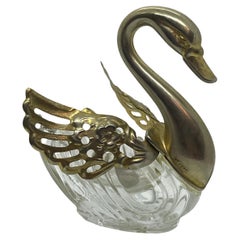 Vintage Silver Plate & Glass Swan Open Salt or Sugar Pot, 1980s, Italy