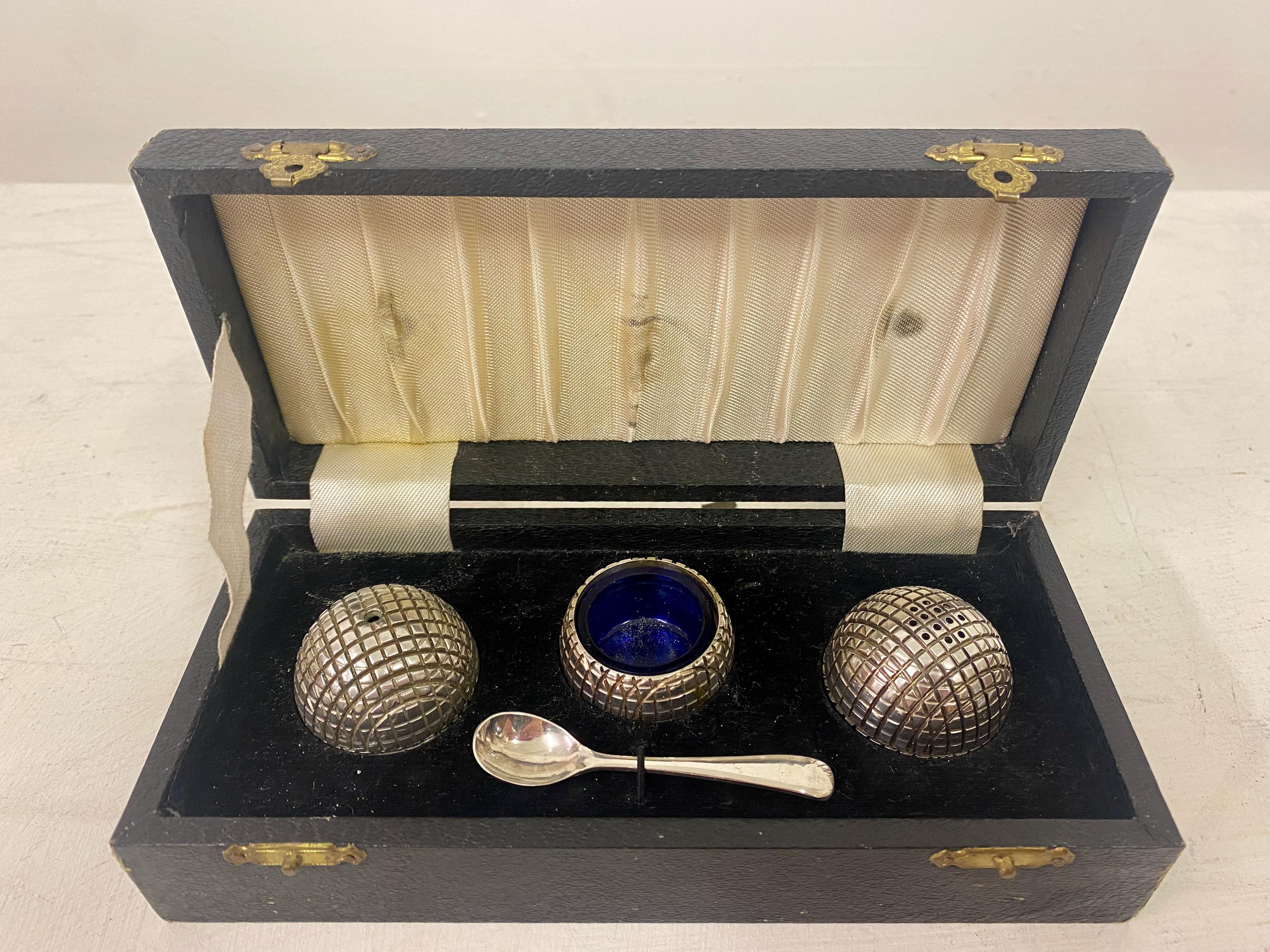 Mid-Century Modern Vintage Silver Plate Golf Ball Cruet Set Salt, Pepper and Mustard Pot