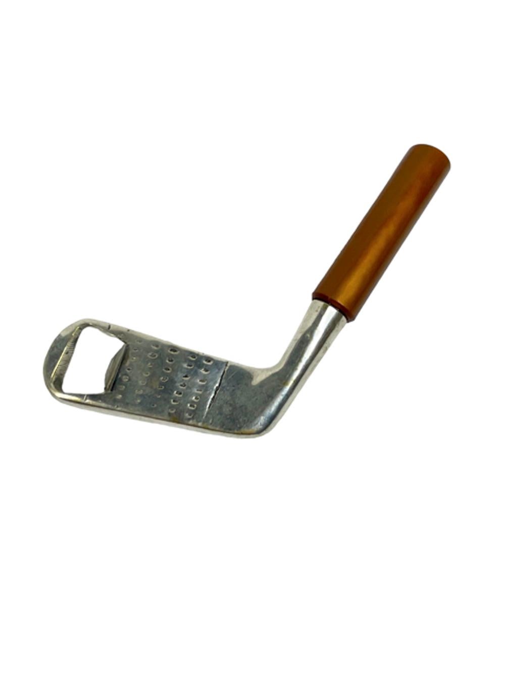 Vintage silver plate golf club bottle opener with a plastic shaft which unscrews to reveal a corkscrew. Marked P.H.V & Co. (P.H. Vogel) / Silver Plated / Made in England / Req. Des. 867184 