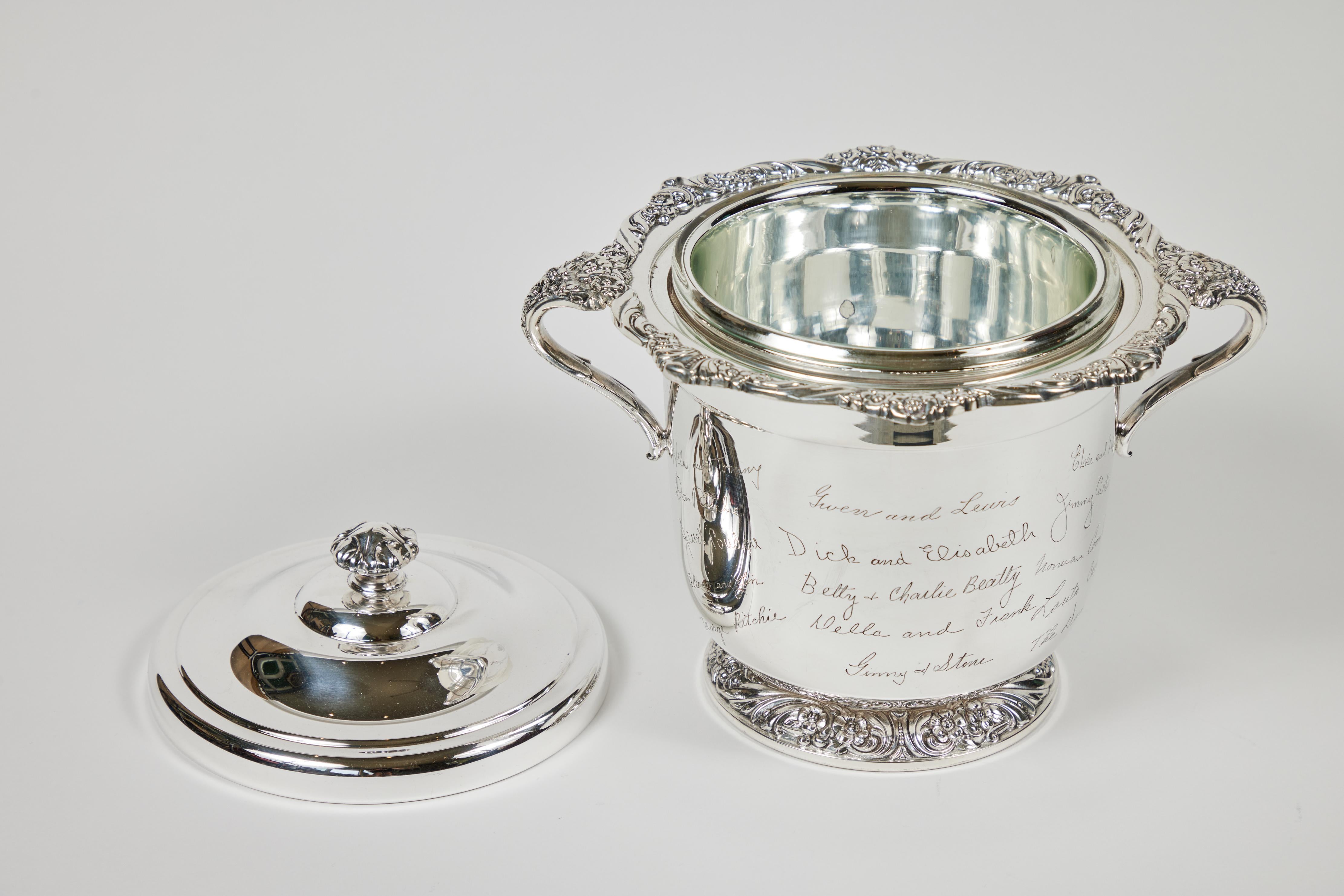 Vintage silver plate 'Heritage' ice bucket with thermos interior, newly polished. Commemorative piece is etched with signatures.
 