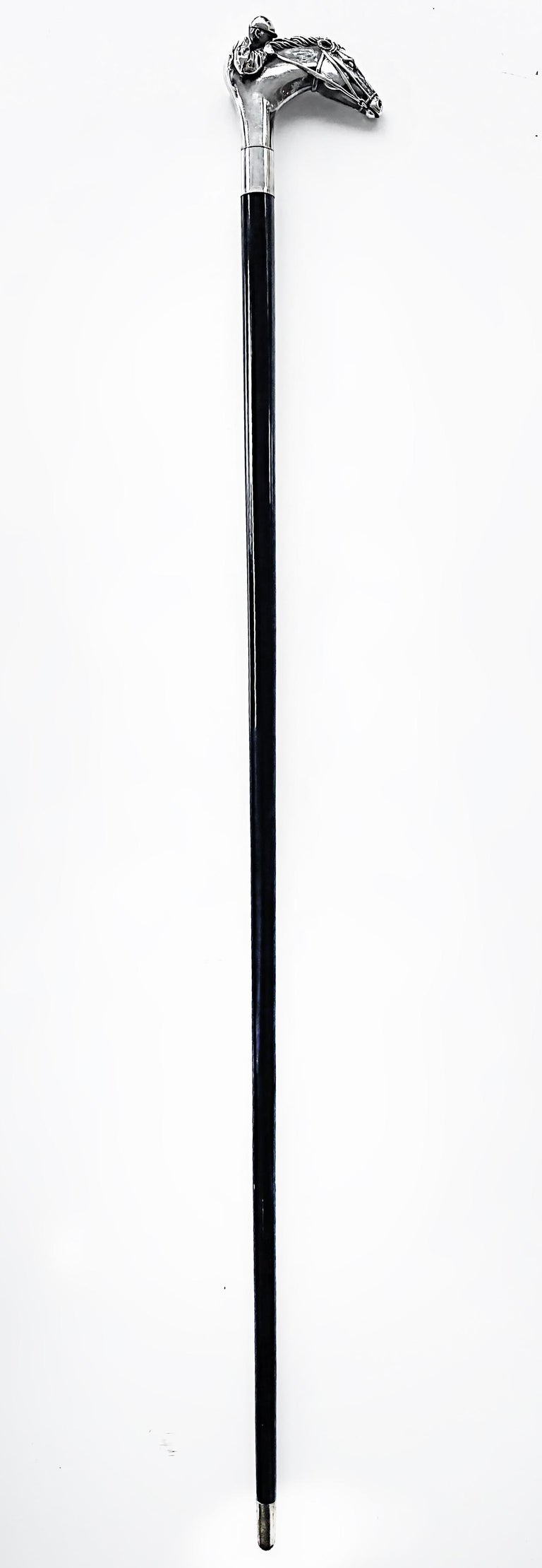 Vintage Silver Plate Horse and Jockey Walking Stick, Ebonised Wood