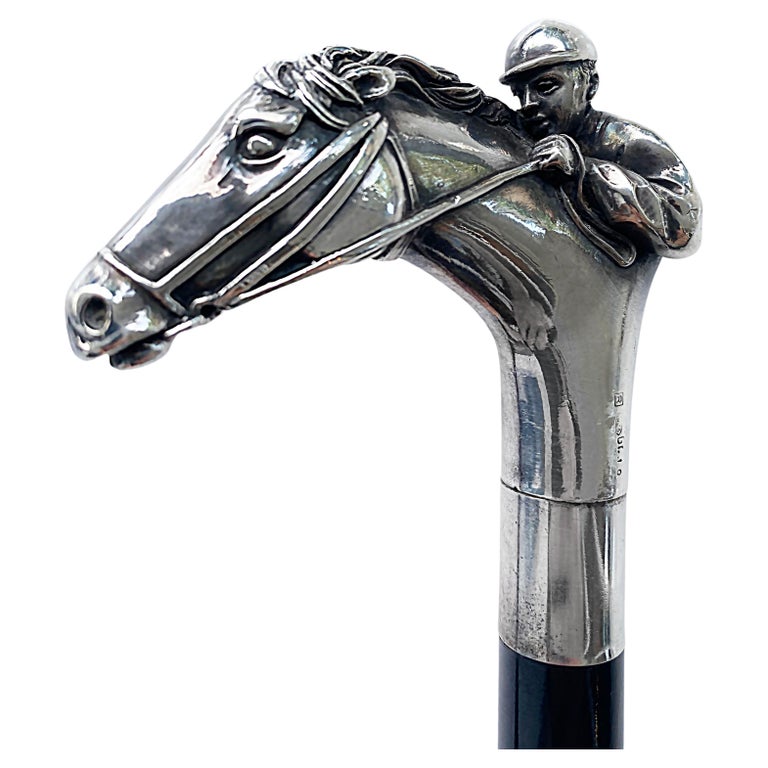 Vintage Silver Plate Horse and Jockey Walking Stick, Ebonised Wood