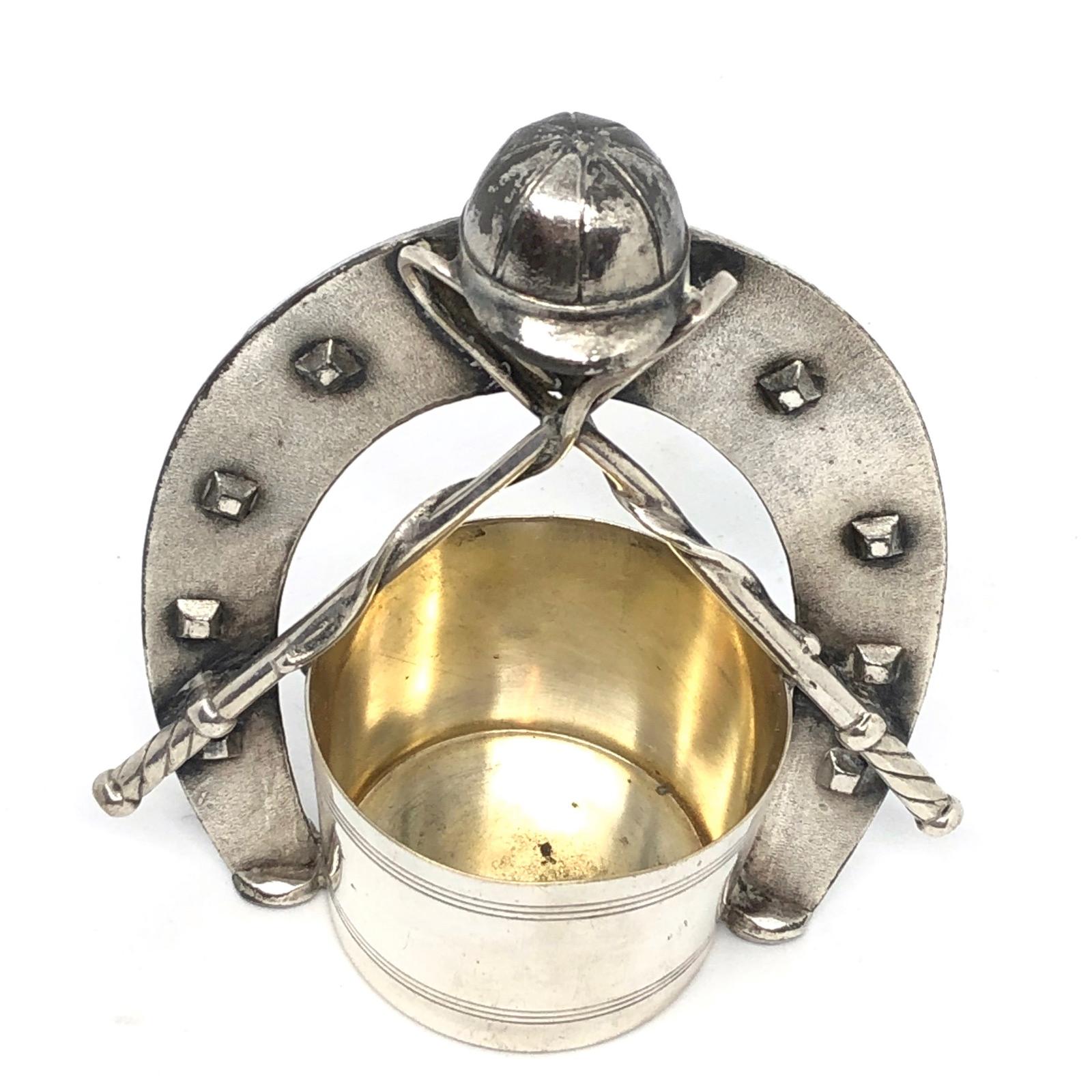 Gorgeous silver plated, 1920s small pot with a horseshoe and some horse race related items. Think it can be used at a table for paperclips, toothpicks, matchsticks or just as a open salt pot. It is not marked and not signed, found at a estate sale