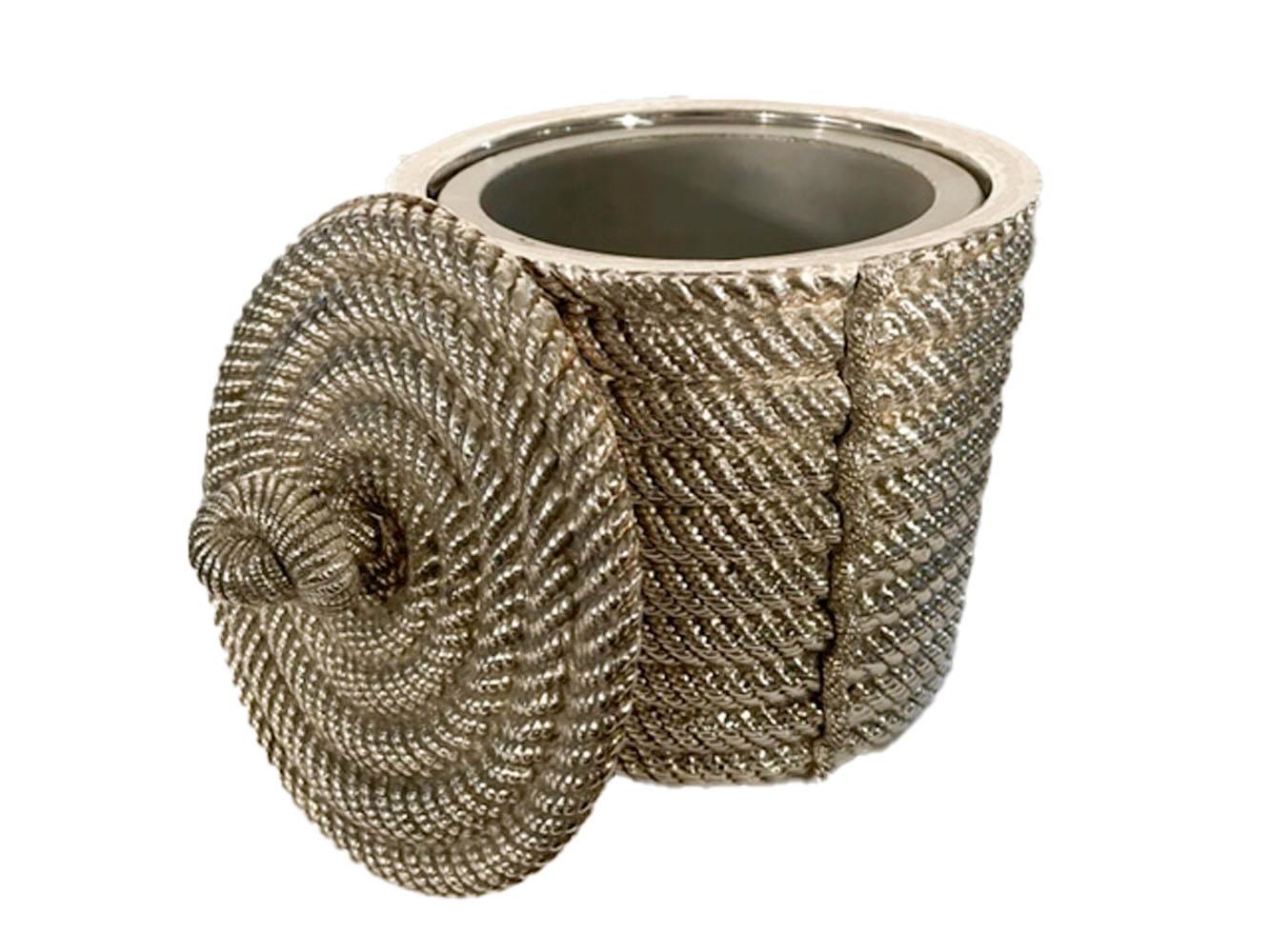 Mid-Century Modern Vintage Silver Plate Ice Bucket Formed as a Coil of Rope by Valenti and Tongs