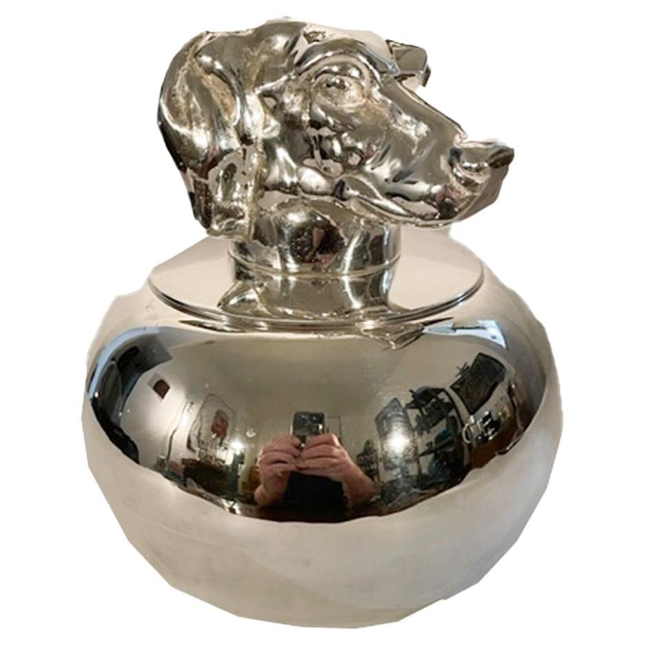 Vintage silver plate ice bucket of compressed ball form having a cover with a large cast dog's head finial. Attributed to Valenti, Spain.