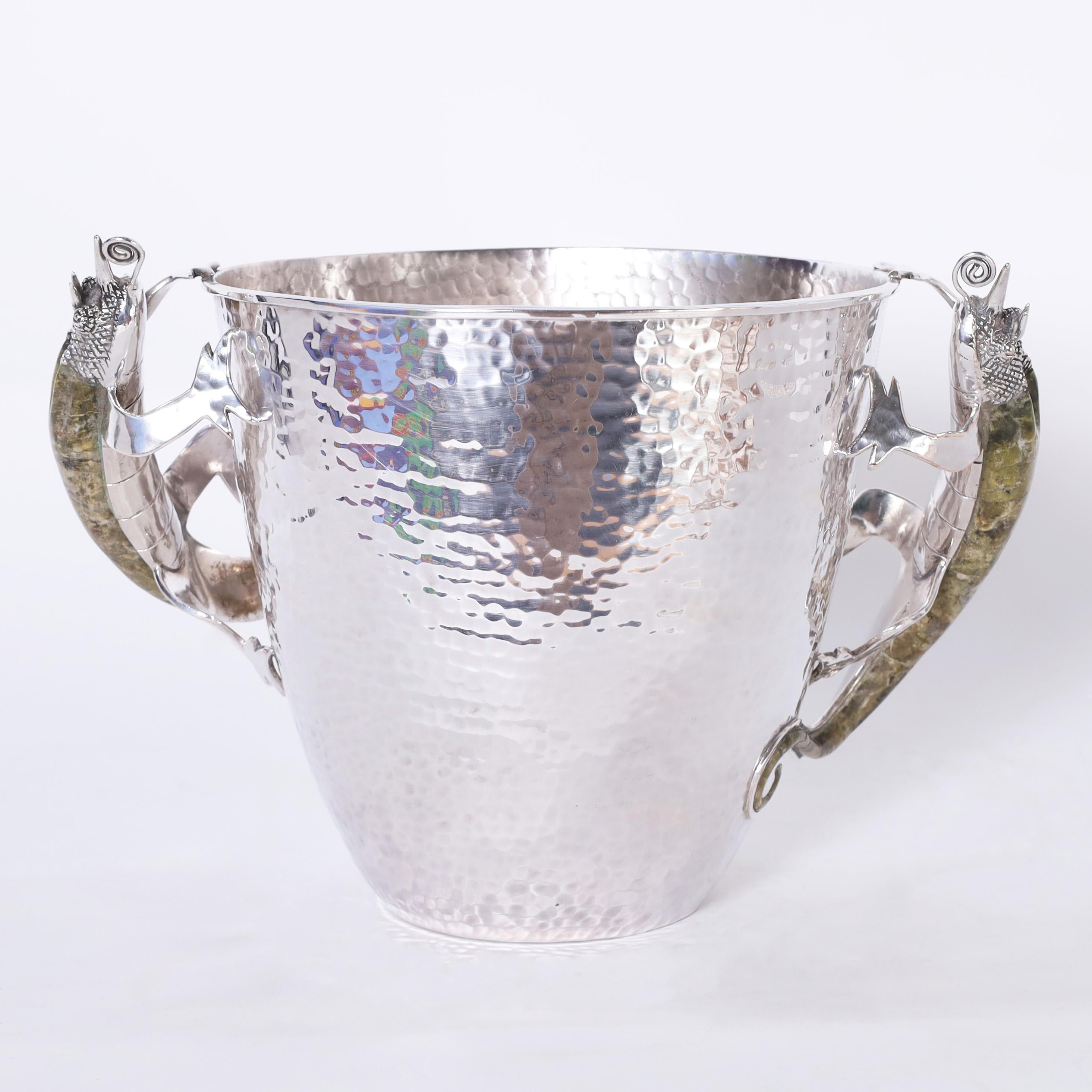 Mid-Century Modern Vintage Silver Plate Ice Bucket with Lizard Handles by Wolmar Castillo For Sale