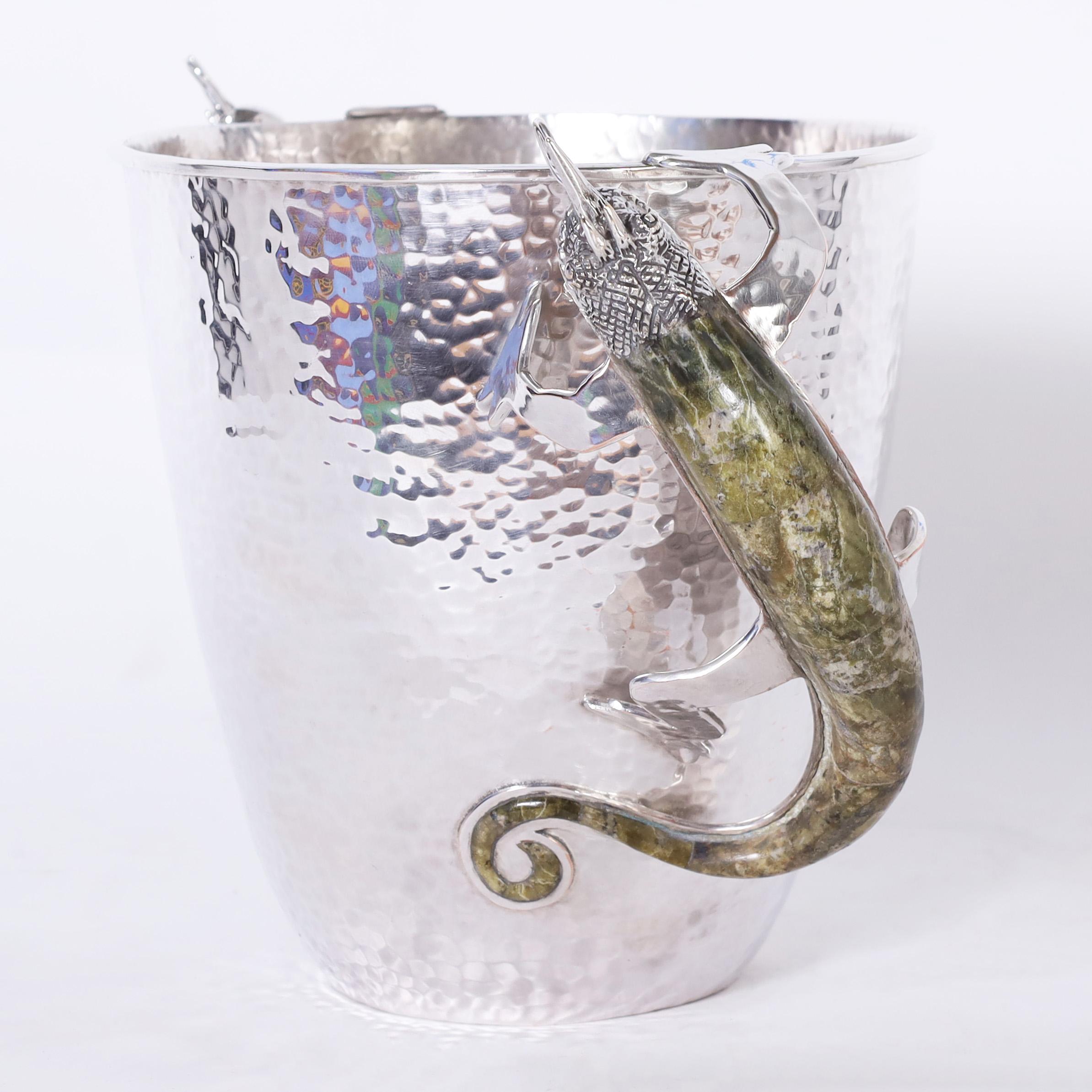 Mexican Vintage Silver Plate Ice Bucket with Lizard Handles by Wolmar Castillo For Sale
