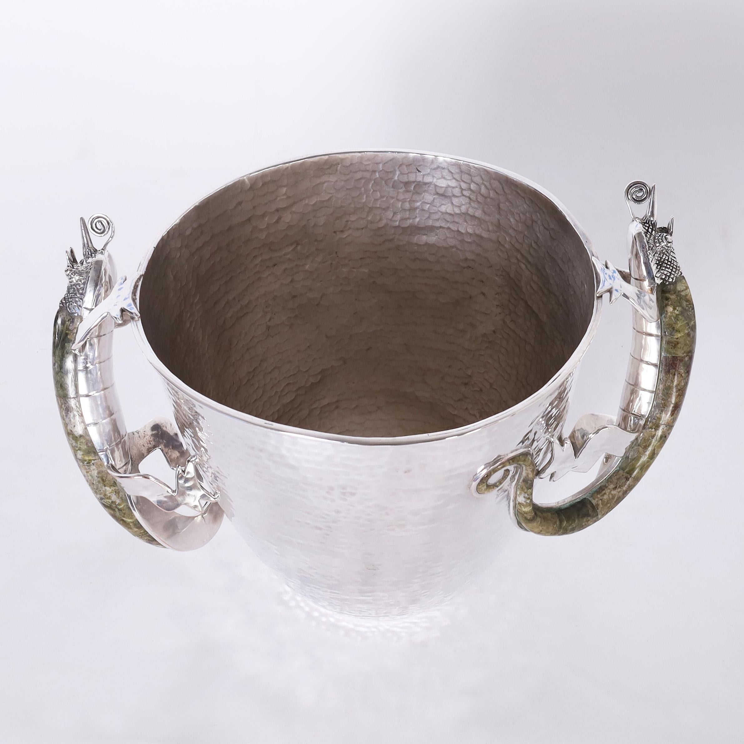 Hand-Crafted Vintage Silver Plate Ice Bucket with Lizard Handles by Wolmar Castillo For Sale