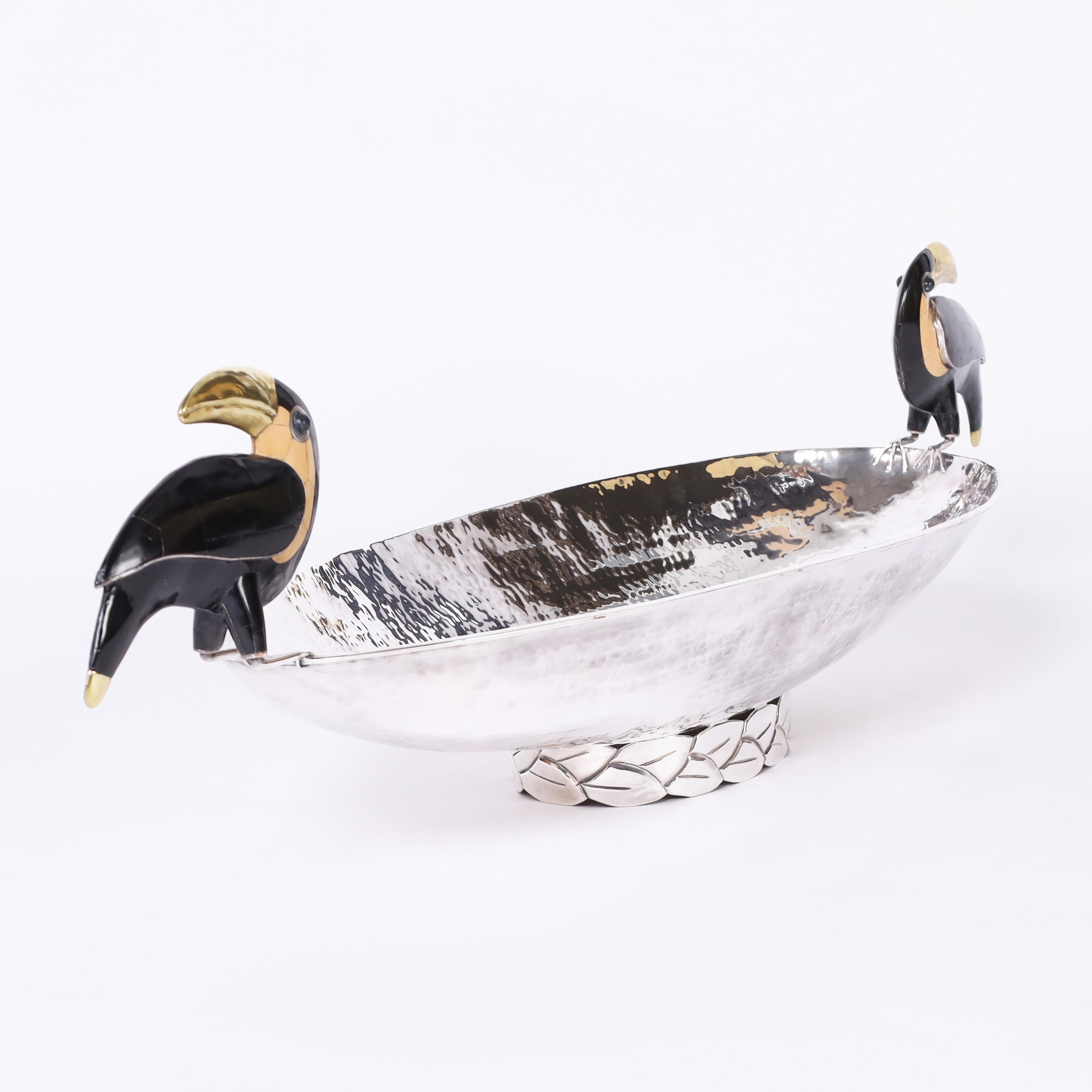Mid-Century Modern Vintage Silver Plate Long Bowl with Toucans by Emilia Castillo For Sale