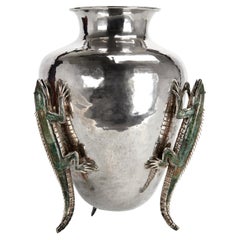Vintage Silver Plate on Copper Vase with Lizards by Emilia Castillo