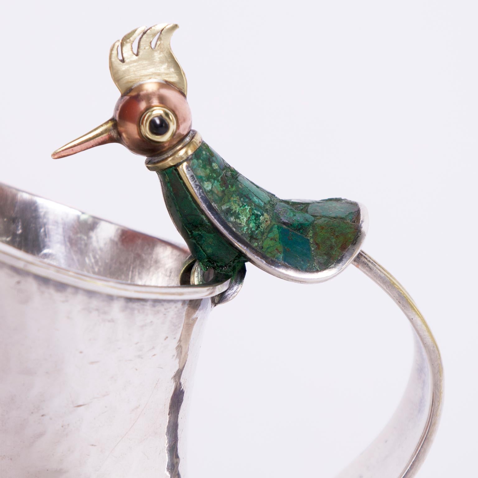 Hammered Vintage Silver Plate Pitcher with a Bird Handle By Los Castillo