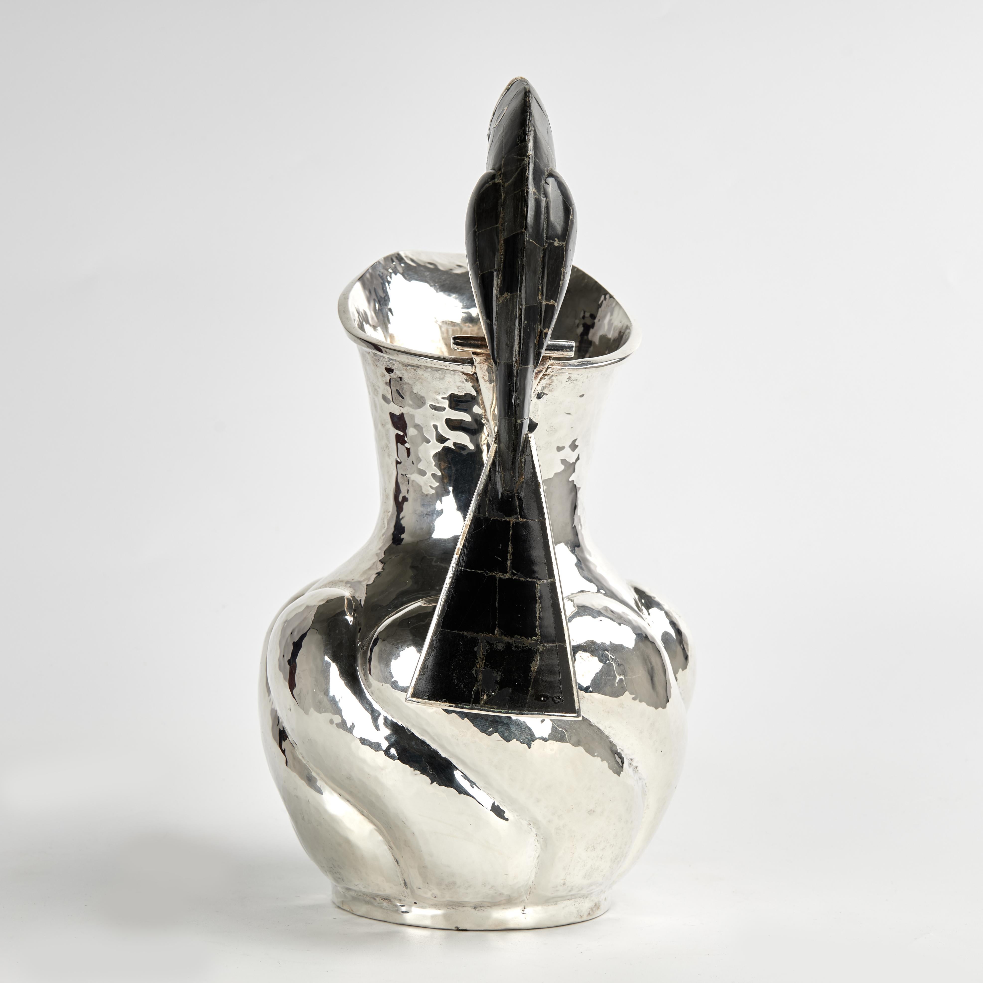 Hammered Vintage Silver Plate Pitcher with a Toucan Handle For Sale
