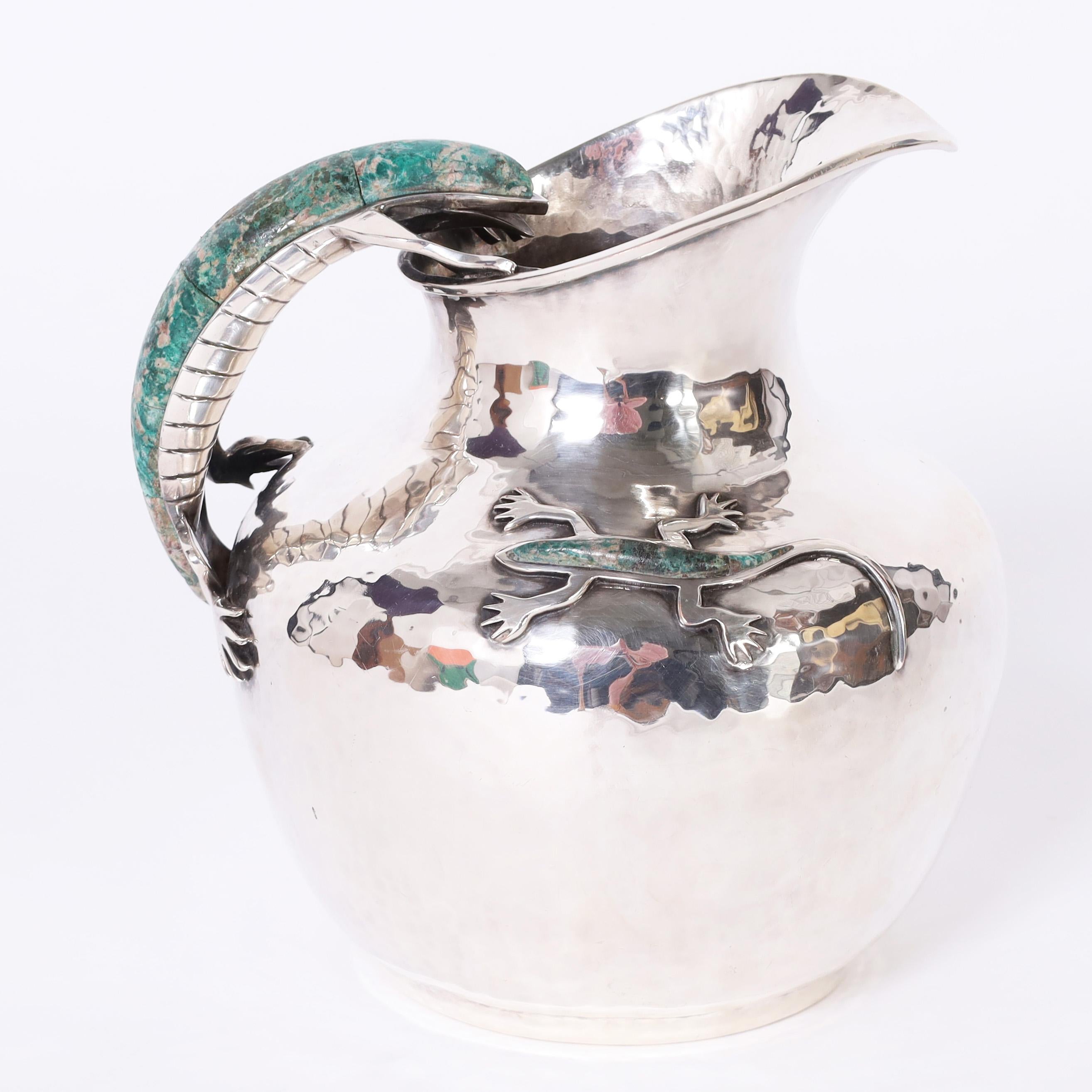 Mid-Century Modern Vintage Silver Plate Pitcher with Lizards by Emilia Castillo For Sale