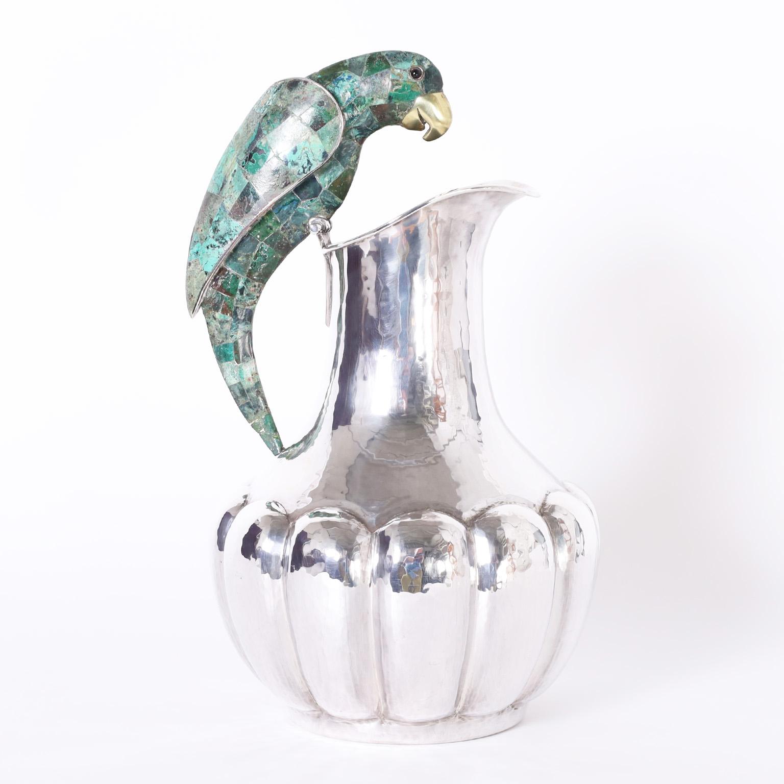 Mid-Century Modern Vintage Silver Plate Pitcher with Parrot by Los Castillo