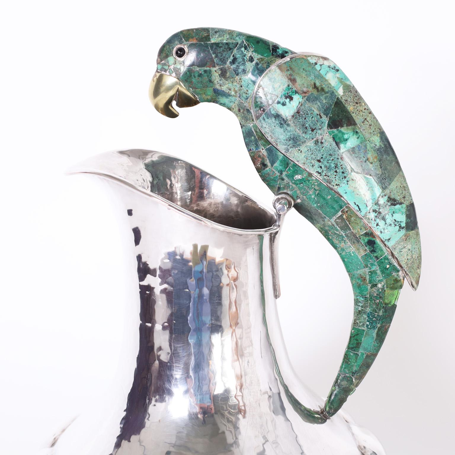 Hammered Vintage Silver Plate Pitcher with Parrot by Los Castillo