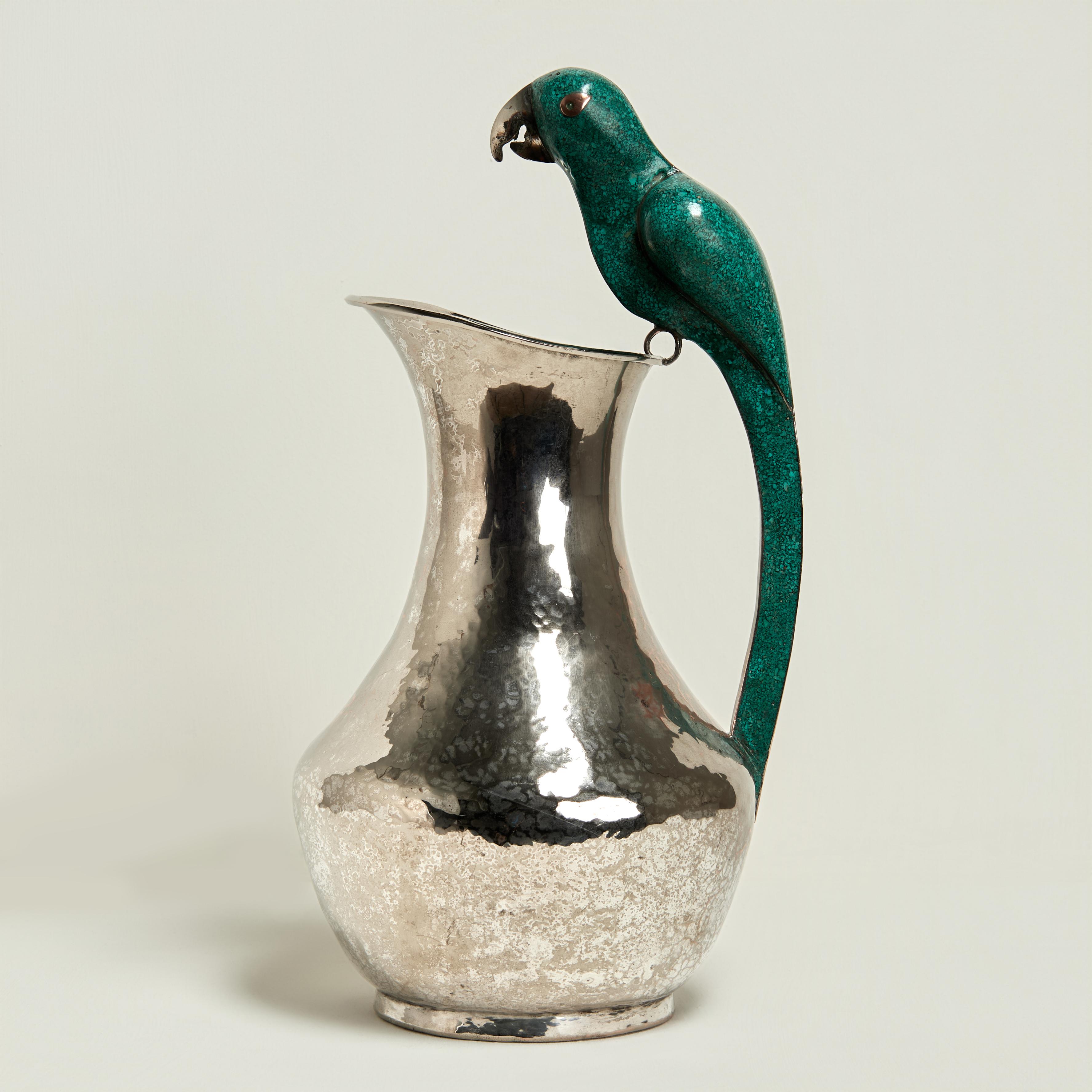 Mexican Vintage Silver Plate Pitcher with Parrot Handle by Alfredo Villasana For Sale