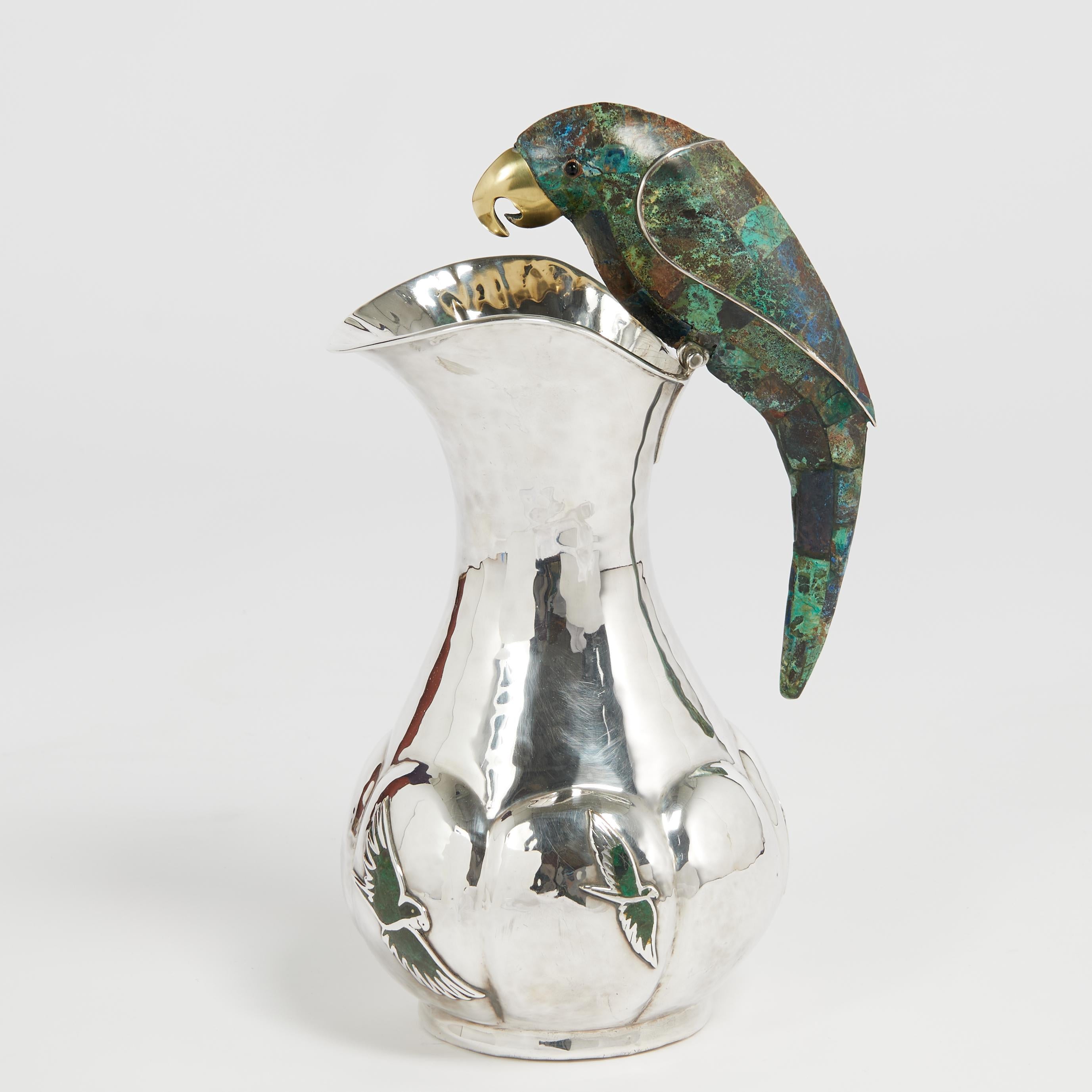 Mid-Century Modern Vintage Silver Plate Pitcher with Stone Bird by Los Castillo