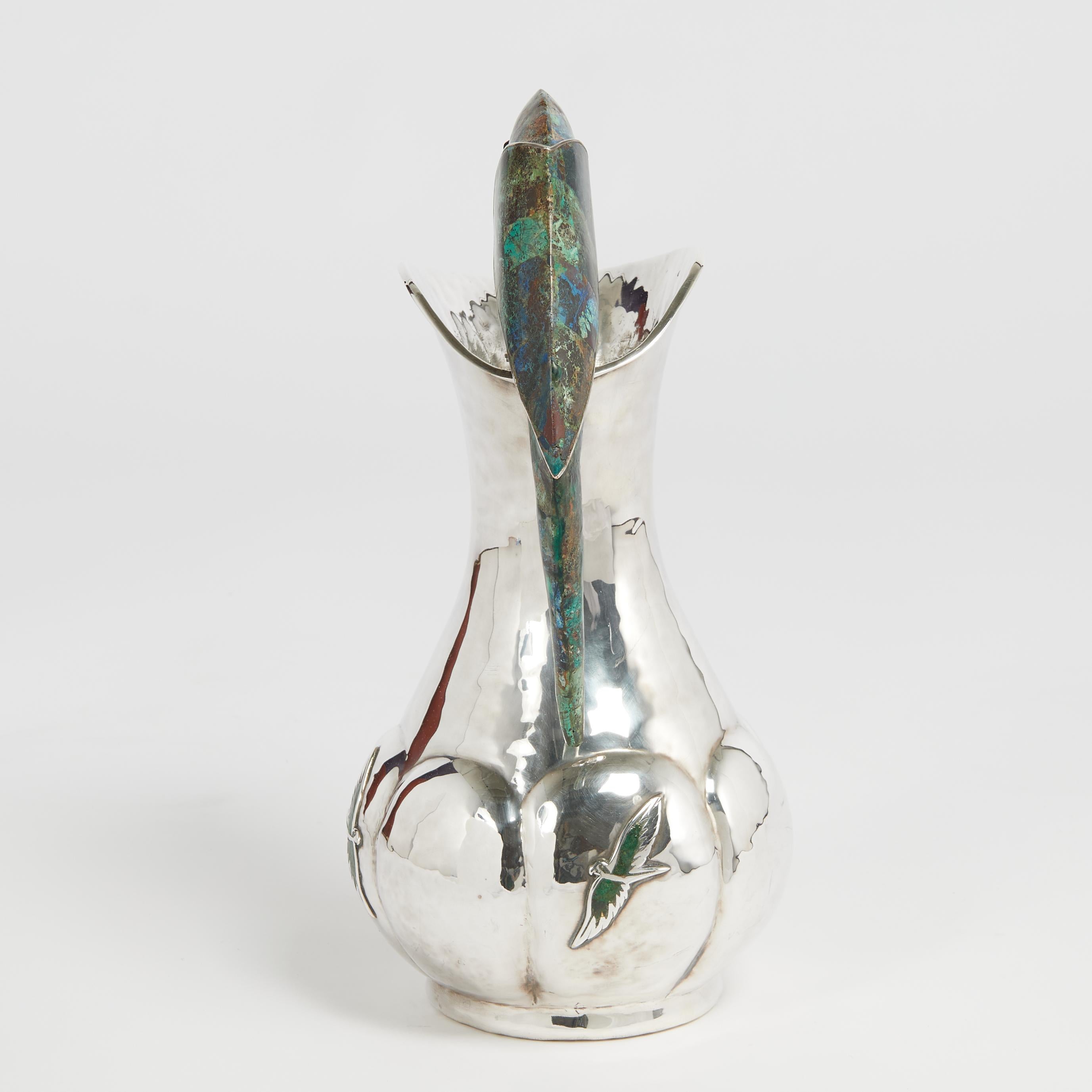 Mexican Vintage Silver Plate Pitcher with Stone Bird by Los Castillo