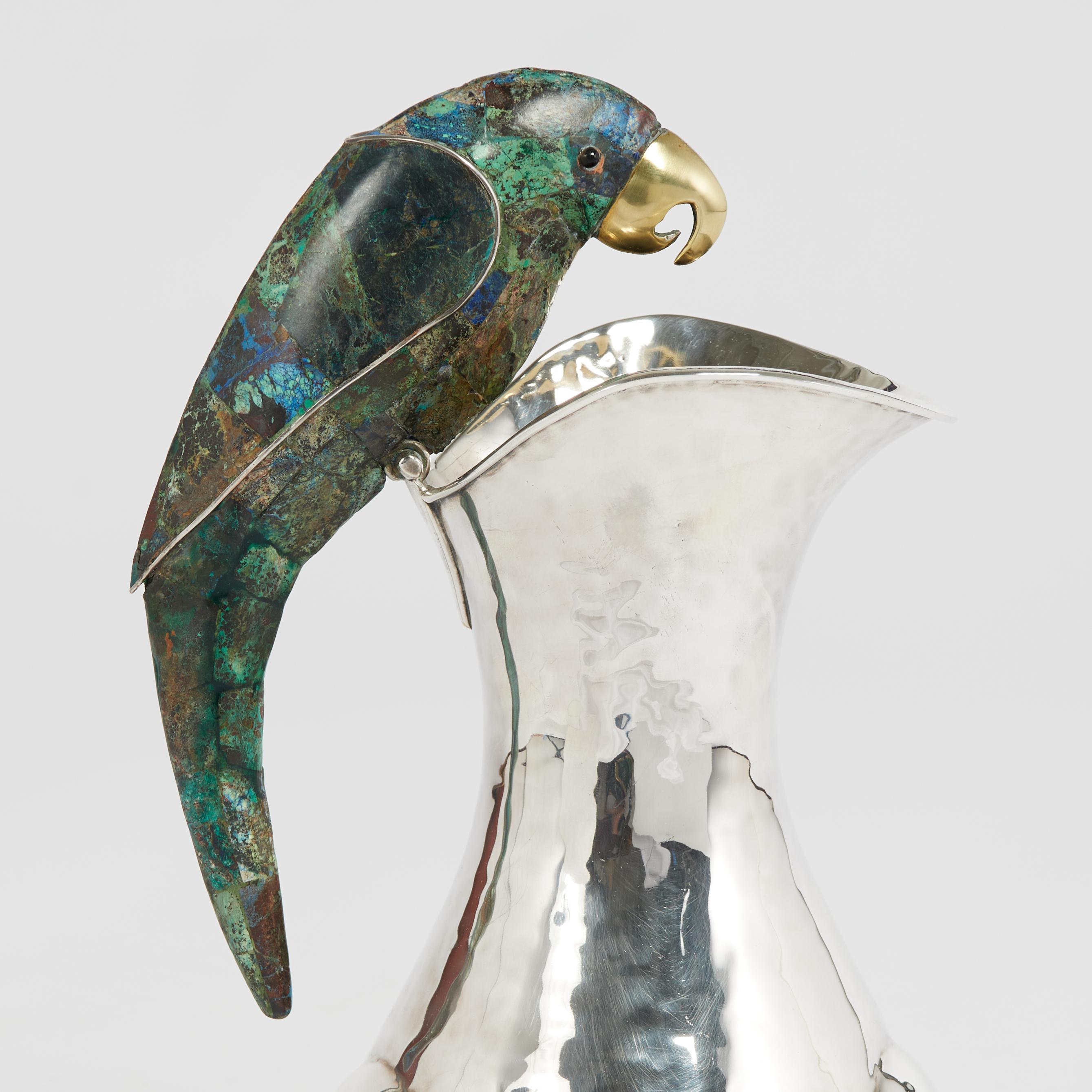 Hammered Vintage Silver Plate Pitcher with Stone Bird by Los Castillo