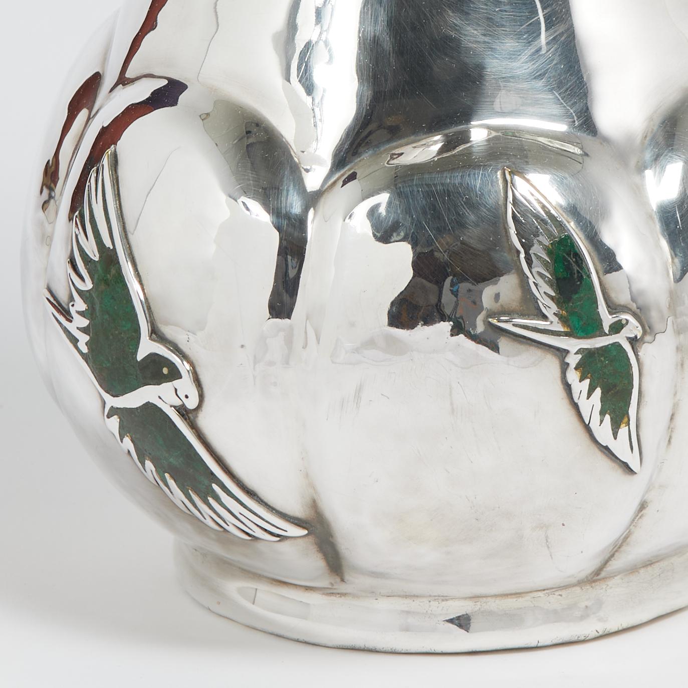 Vintage Silver Plate Pitcher with Stone Bird by Los Castillo In Good Condition In Palm Beach, FL