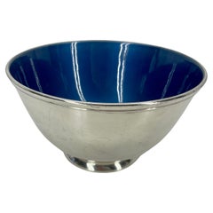 Vintage Silver Plate Candy Bowl with Ocean Blue Enamel
