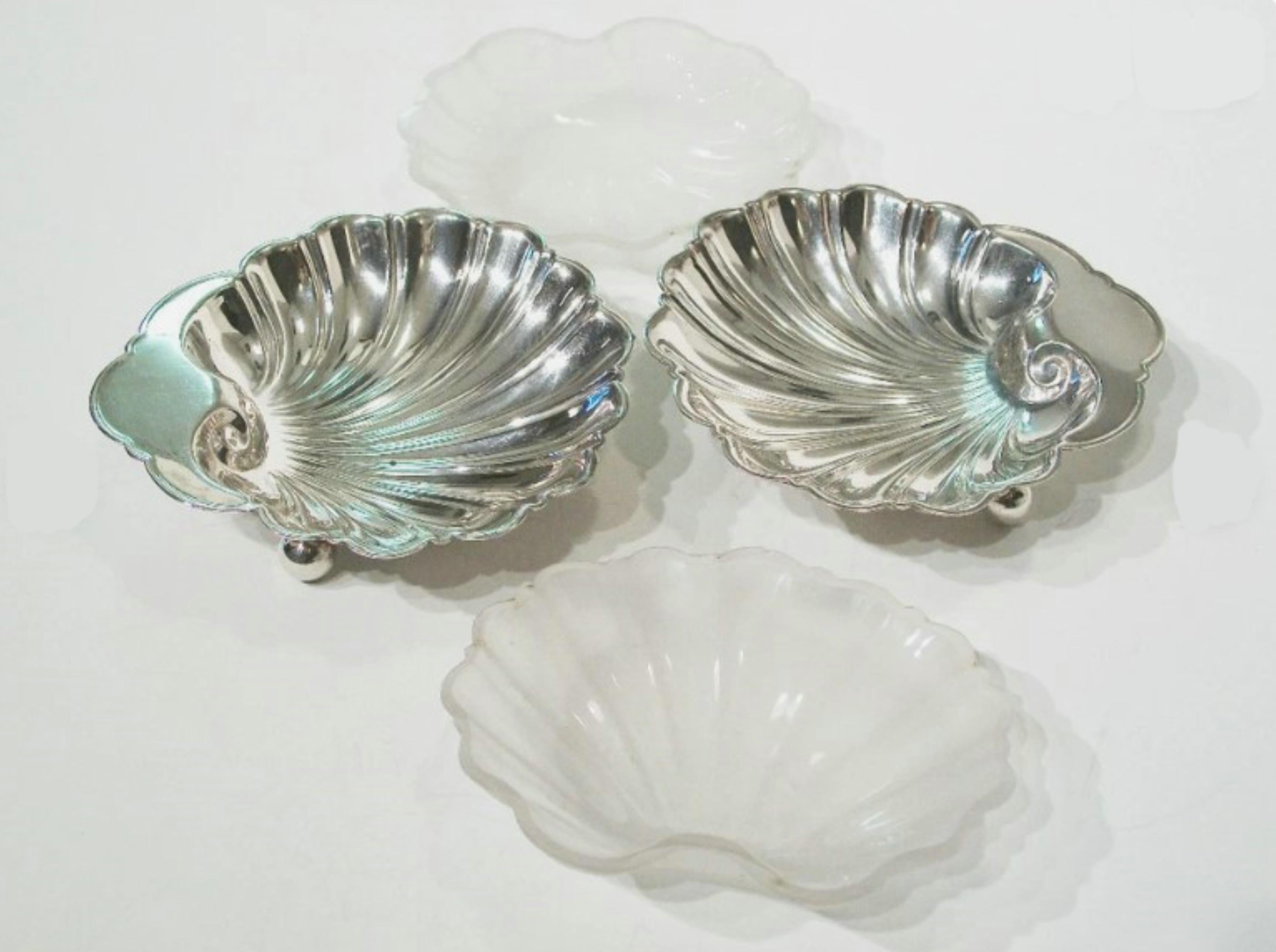 20th Century Vintage Silver Plate Shell Dishes - Frosted Glass Liners - U.K. - Circa 1940 For Sale