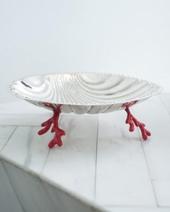 Vintage Silver Plate Shell Tray with Coral Shaped Enamel Feet