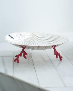Vintage Silver Plate Shell Tray with Coral Shaped Enamel Feet