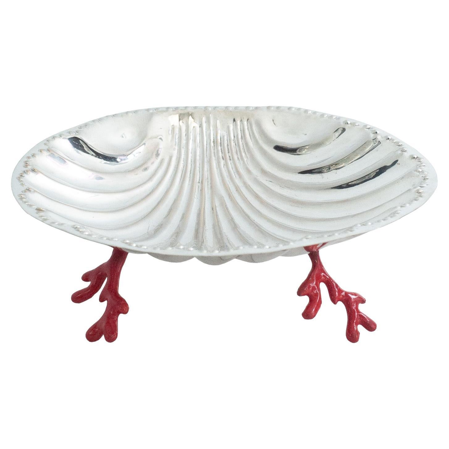 Vintage Silver Plate Shell Tray with Coral Shaped Enamel Feet