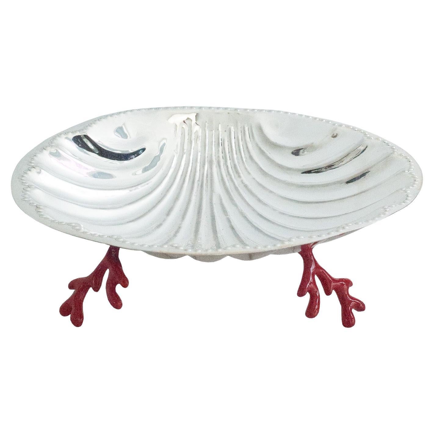 Vintage Silver Plate Shell Tray with Coral Shaped Enamel Feet
