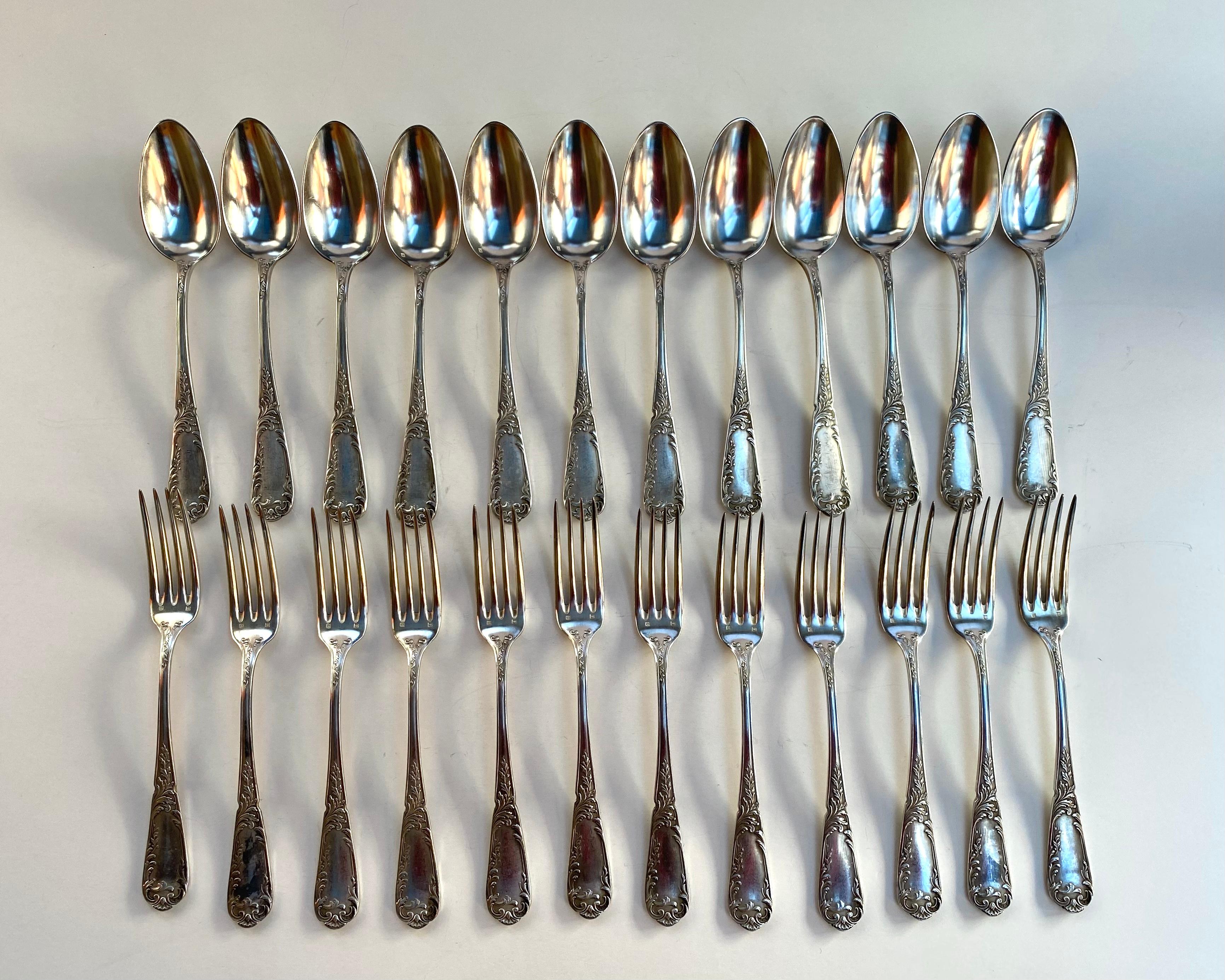 French Vintage Silver Plate Utensils 12 Spoons 12 Forks France 1950s For Sale