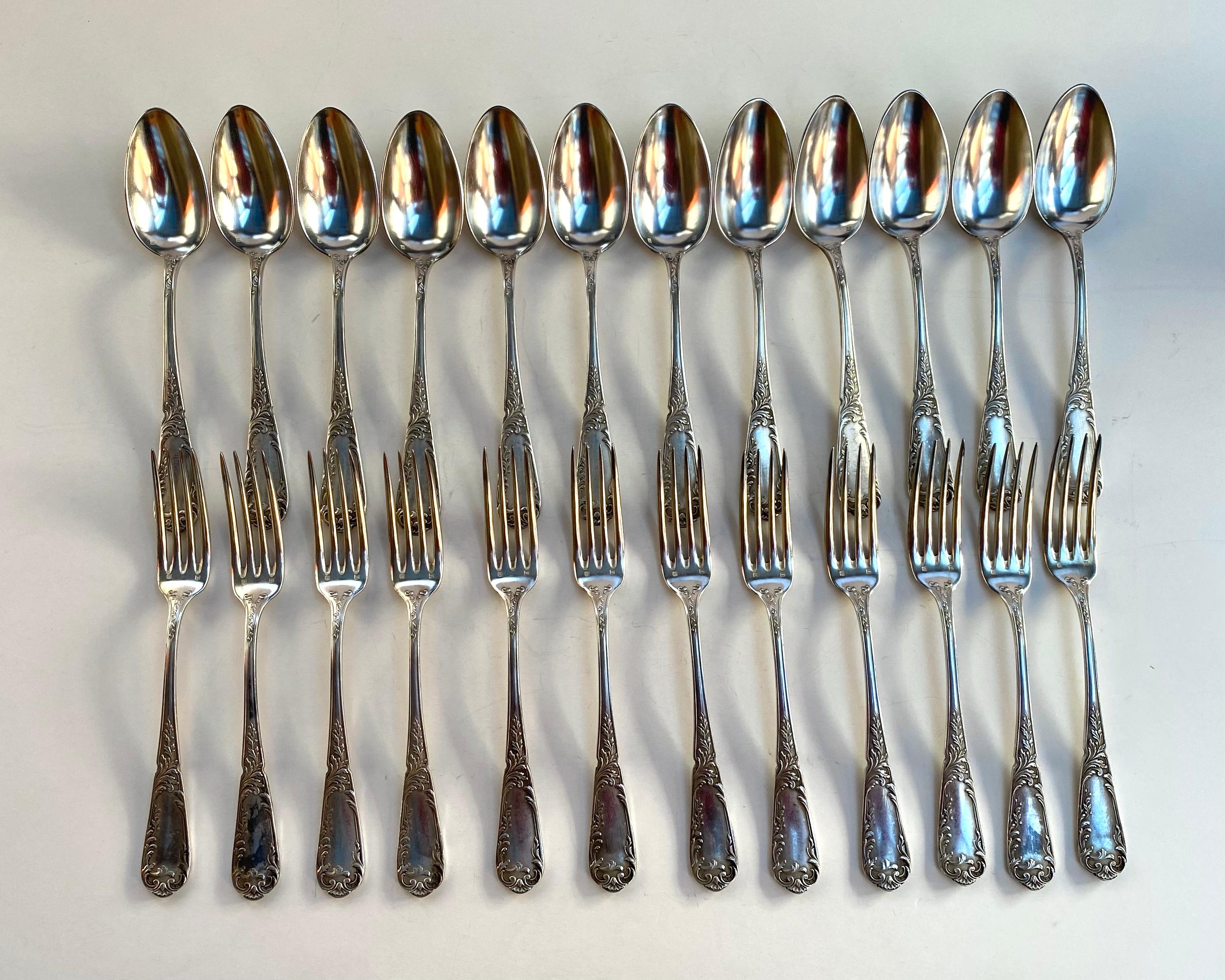 Vintage Silver Plate Utensils 12 Spoons 12 Forks France 1950s For Sale 1