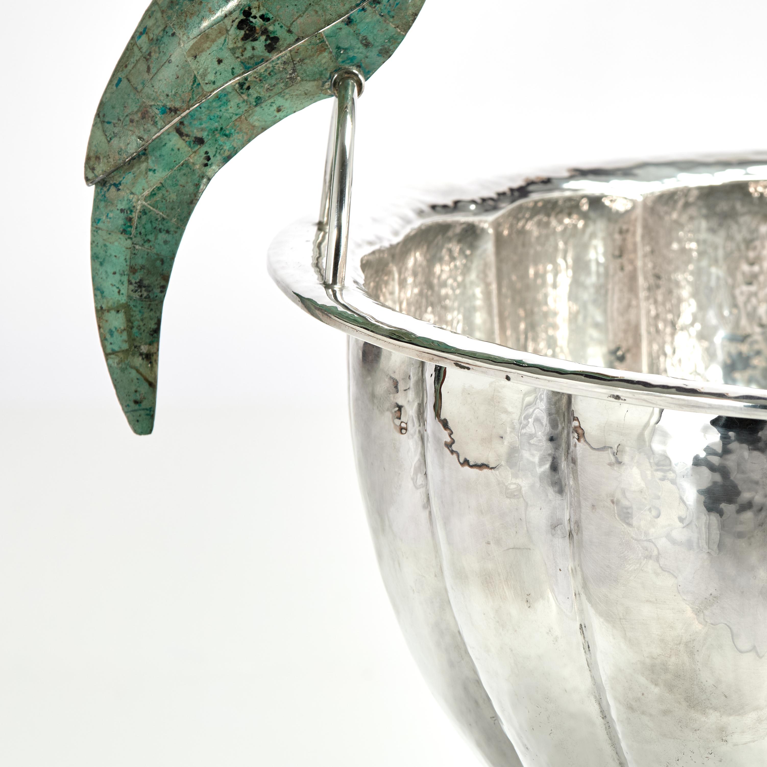 Mid-Century Modern Vintage Silver Plate Wine Cooler or Bowl with Parrots by Emilia Castillo
