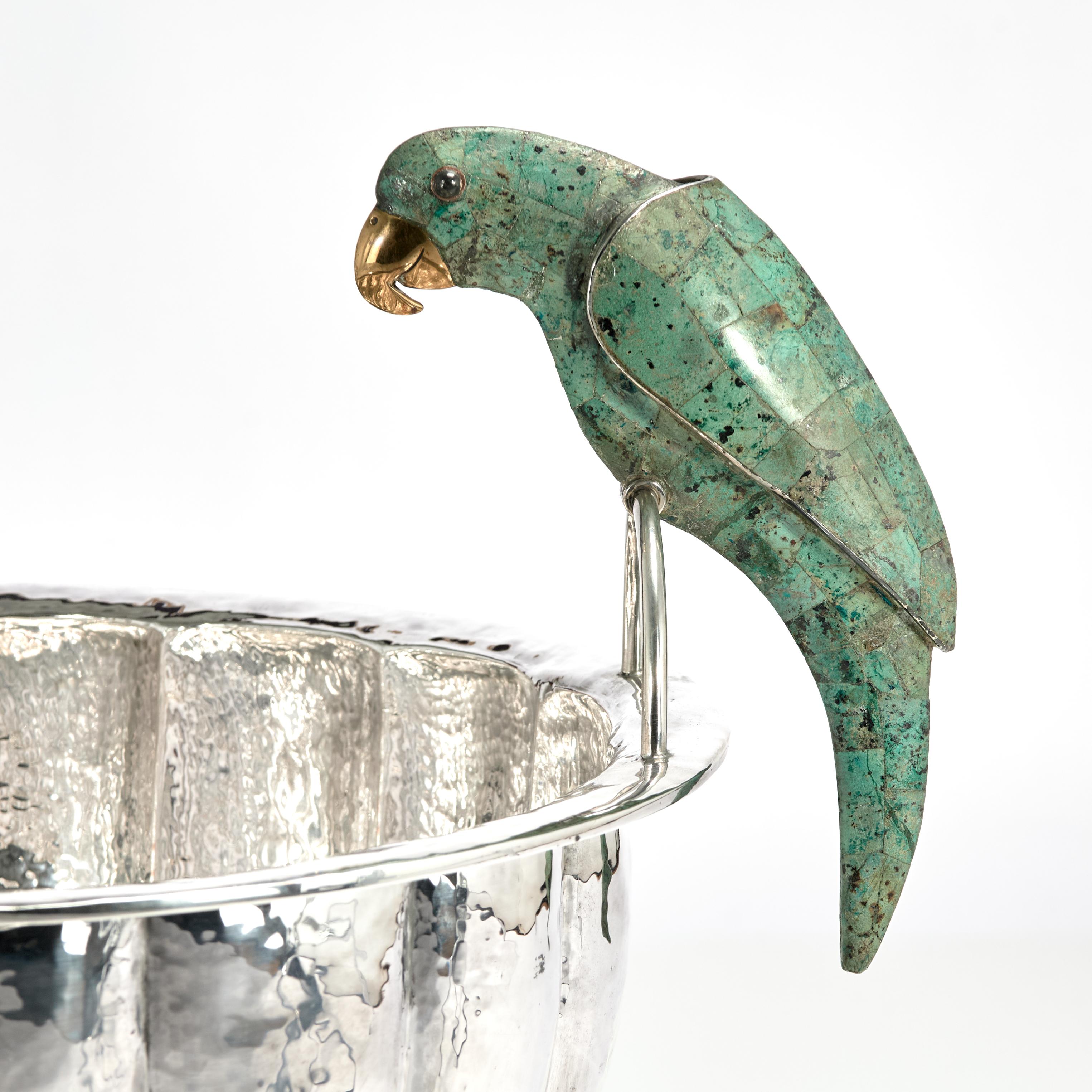 Mexican Vintage Silver Plate Wine Cooler or Bowl with Parrots by Emilia Castillo