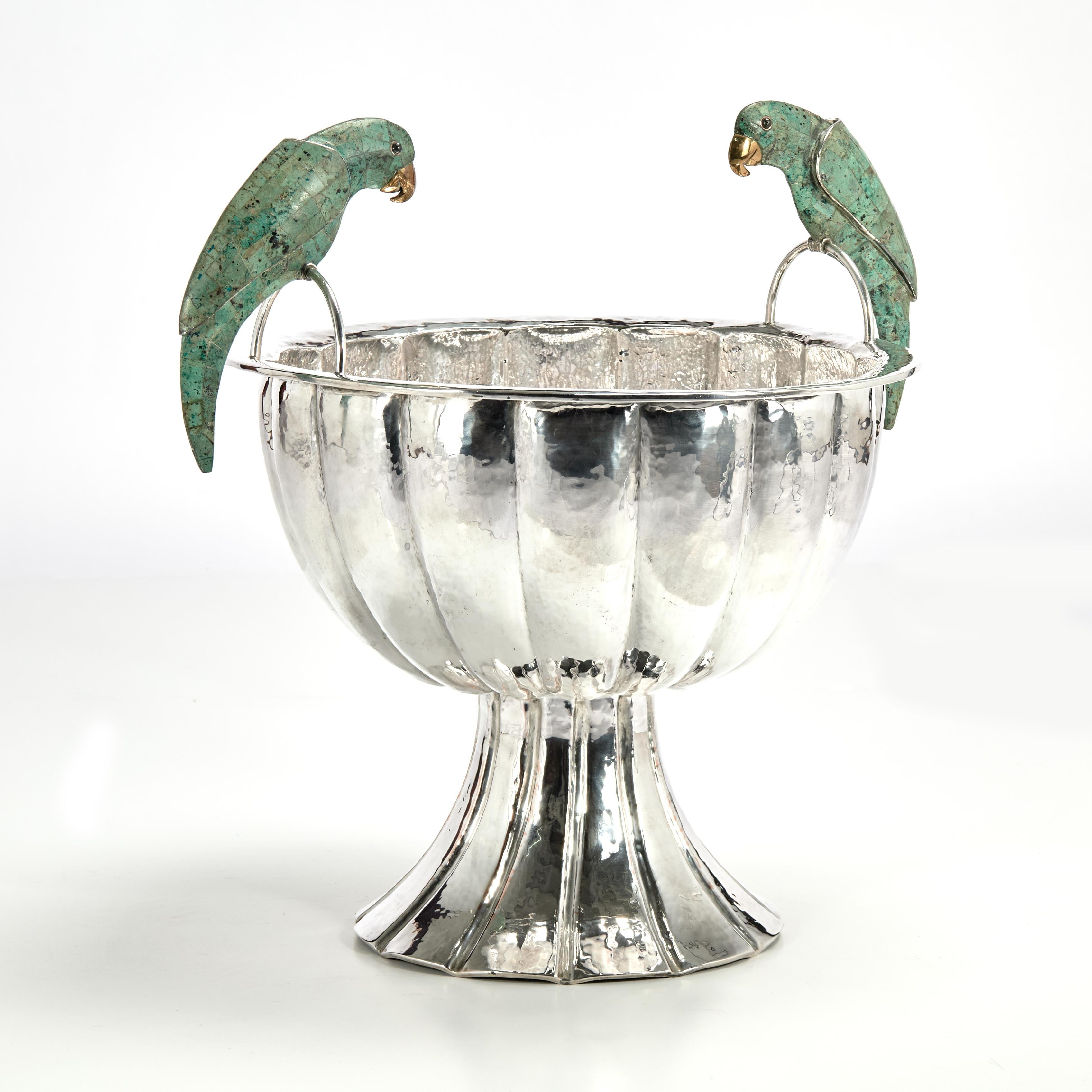 Vintage Silver Plate Wine Cooler or Bowl with Parrots by Emilia Castillo In Good Condition In Palm Beach, FL