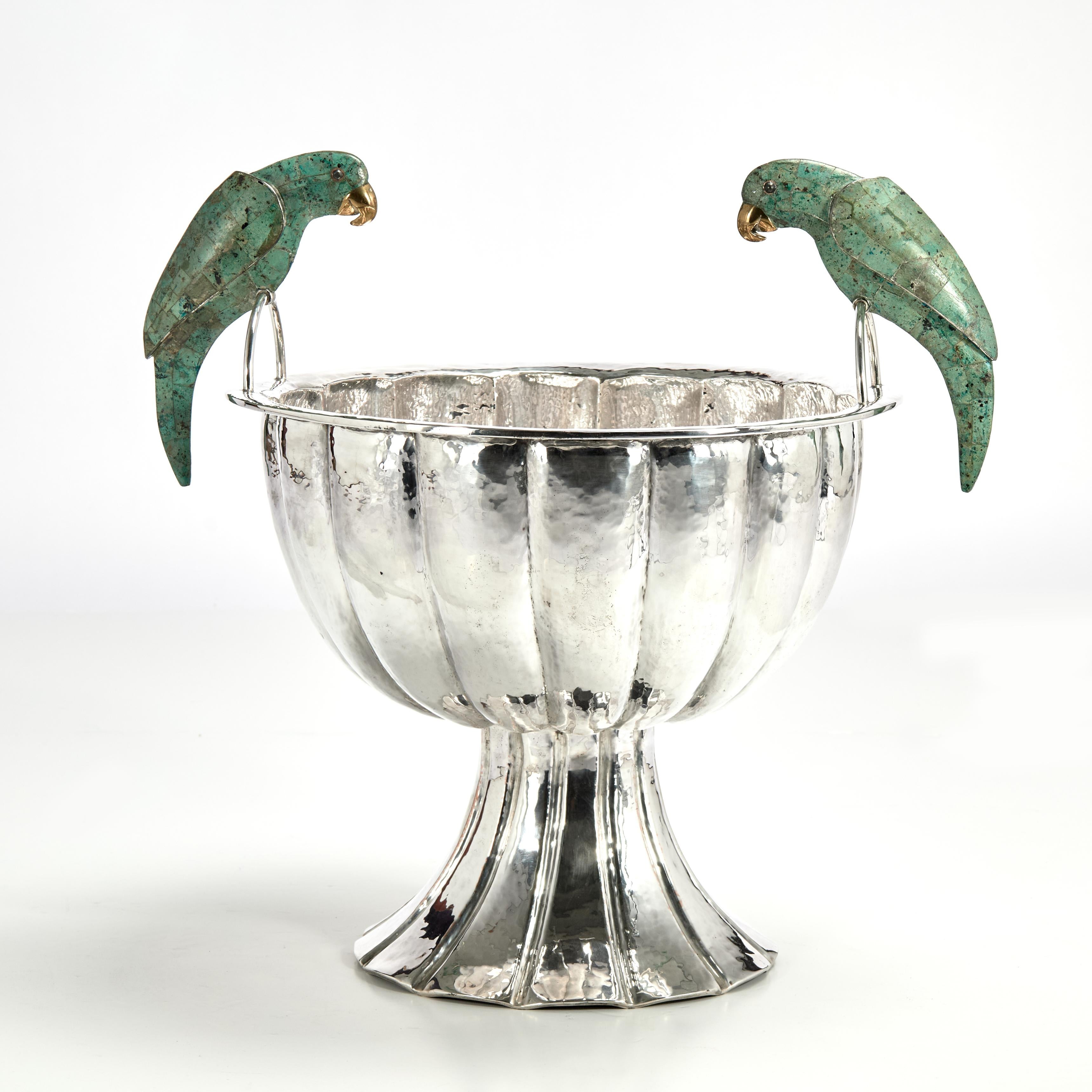 Vintage Silver Plate Wine Cooler or Bowl with Parrots by Emilia Castillo 1