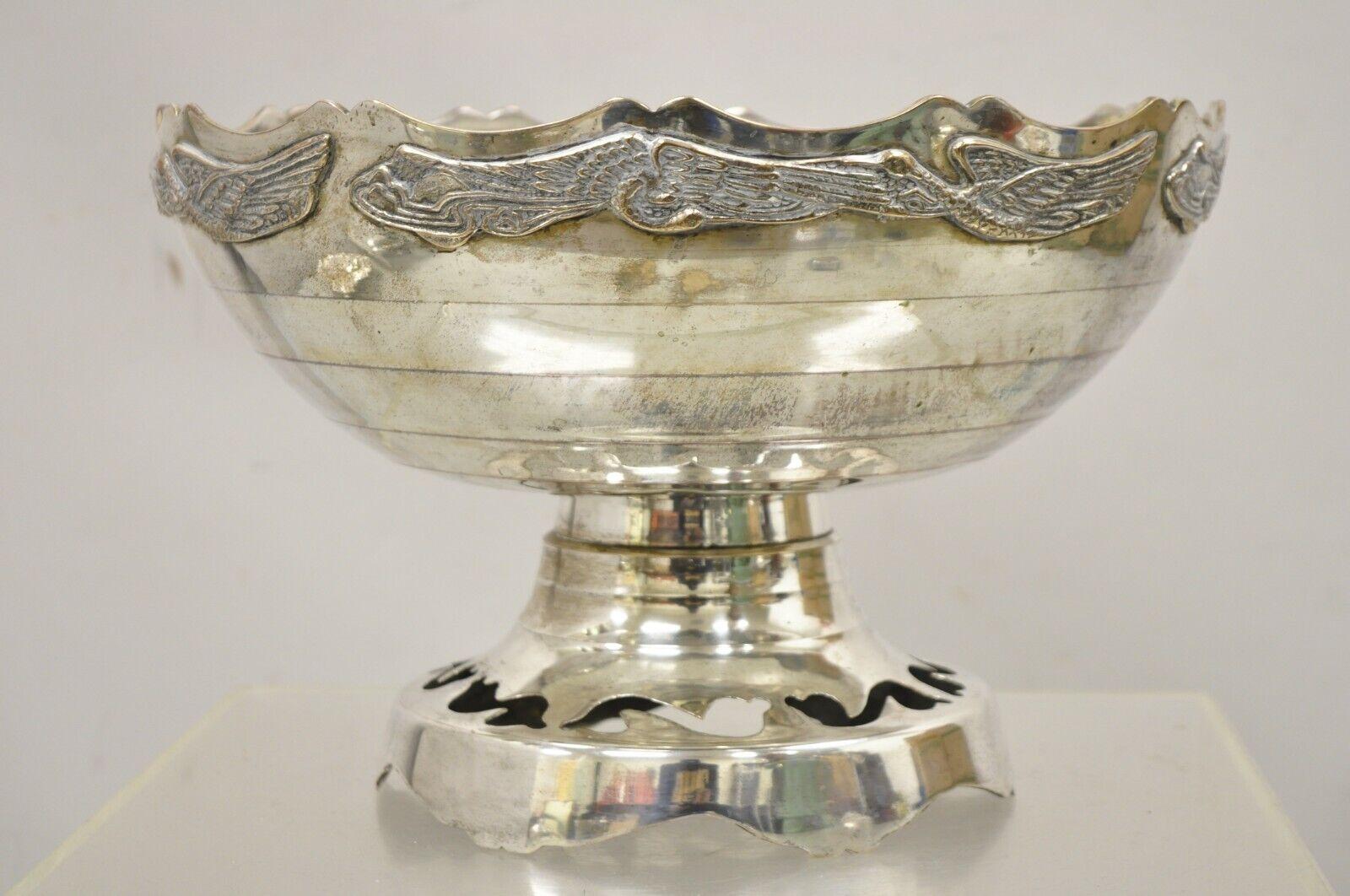 Vintage Silver Plated Art Deco Style Punch Bowl with Repeating Crane Birds. Item features birds to upper rim, raised pedestal base with perforated design, very nice vintage item, great style and form, marked 