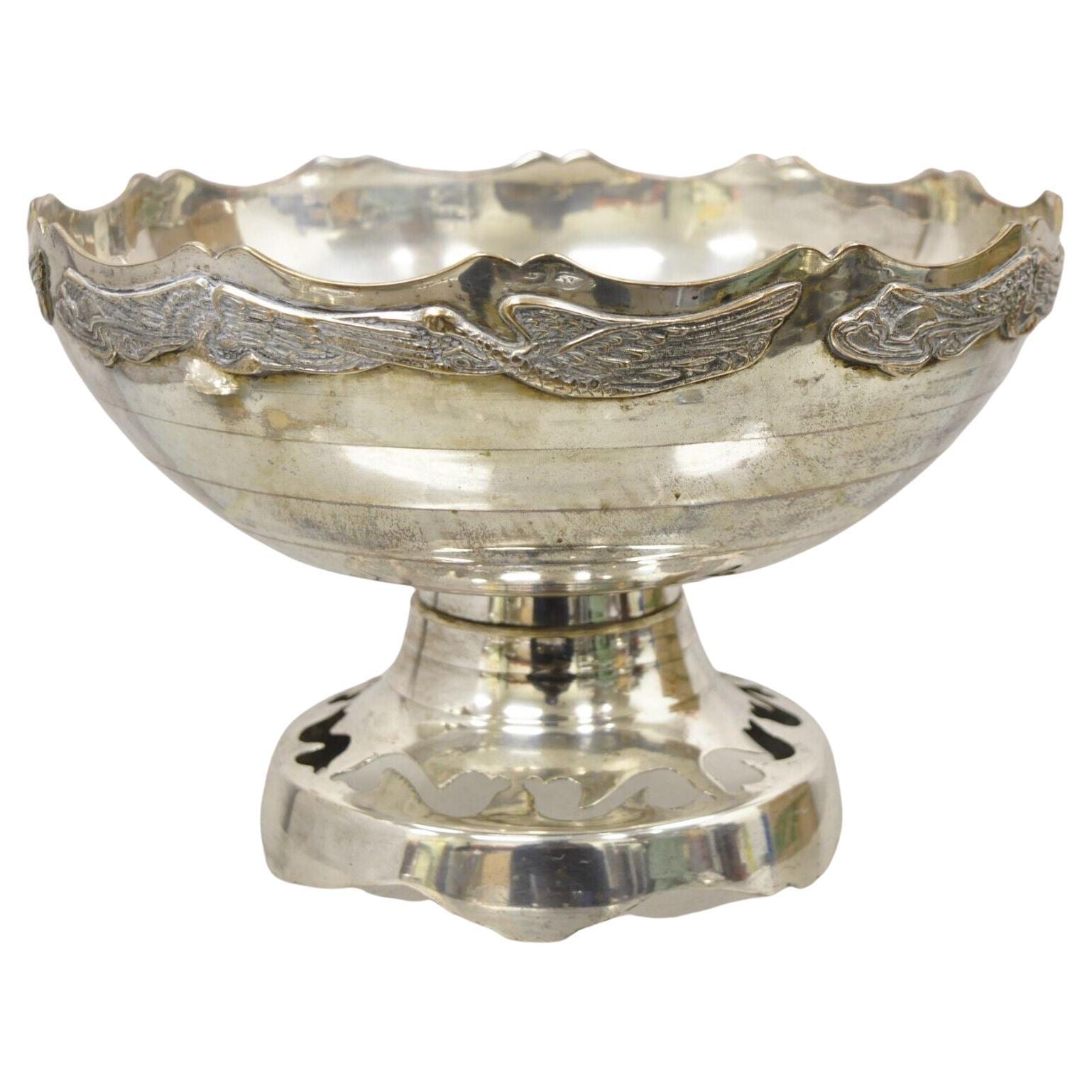 Vintage Silver Plated Art Deco Style Punch Bowl with Repeating Crane Birds For Sale