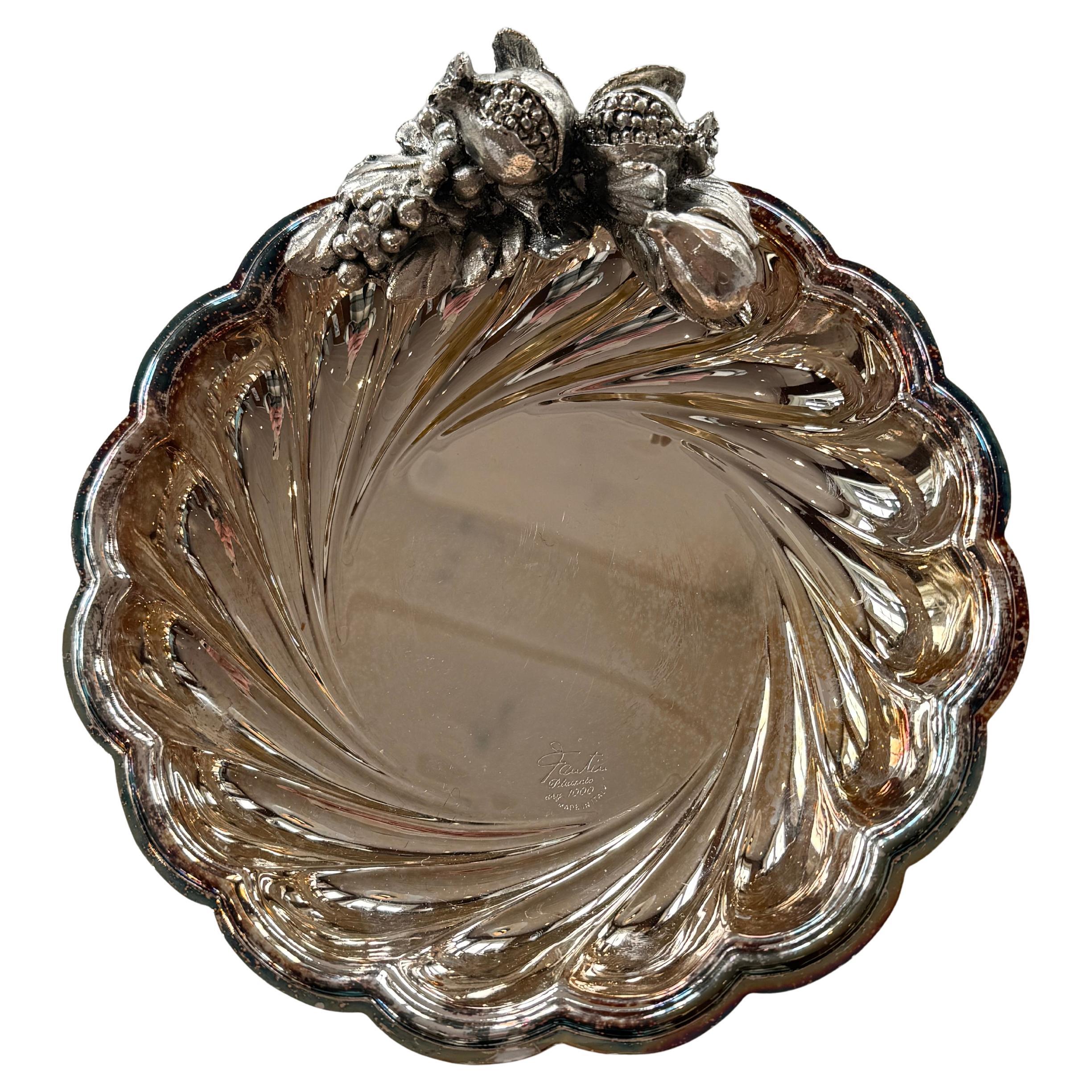 Cuenco vintage plateado con decoración frutal, Italia