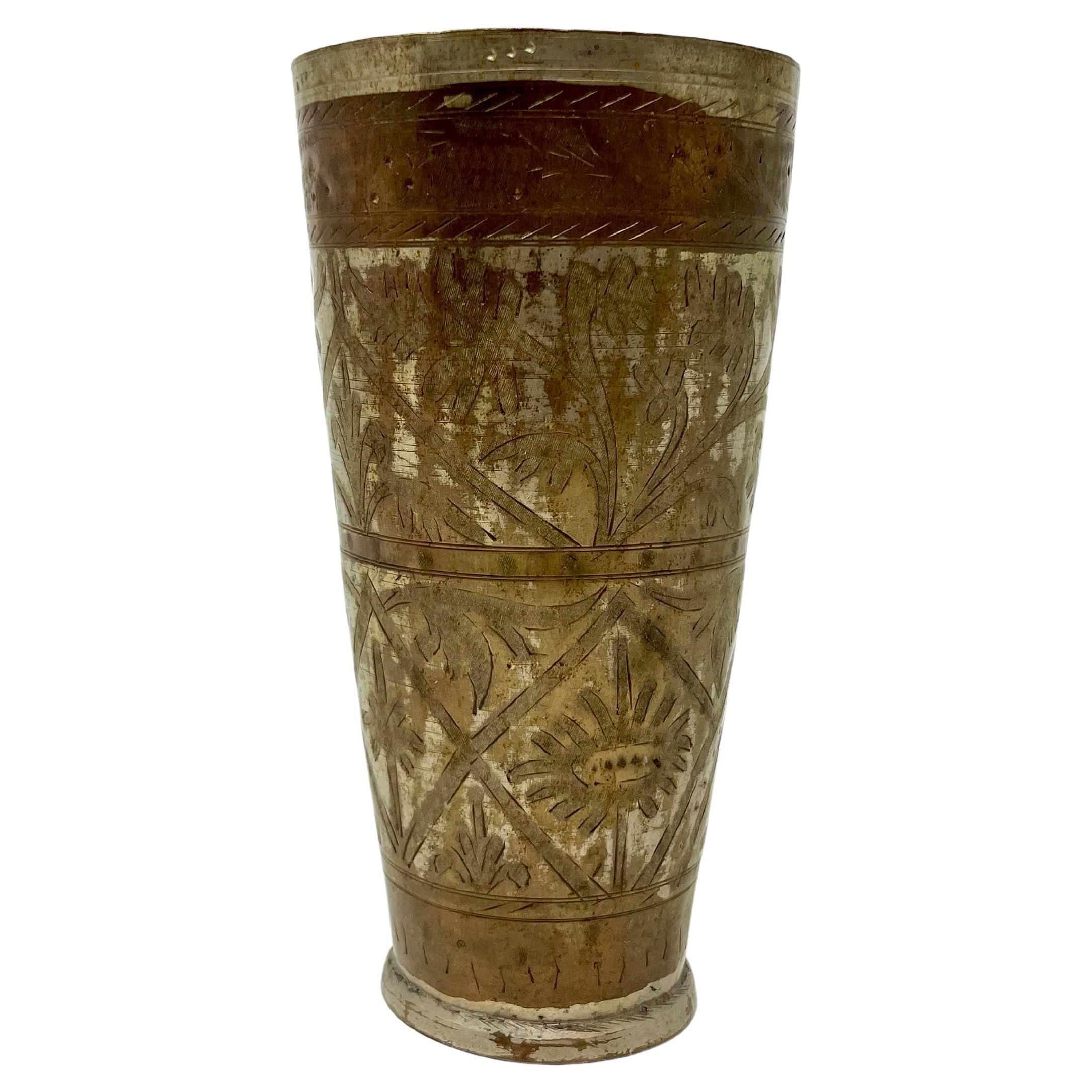Vintage Silver Plated Brass Engraved Lassi Cup from India For Sale