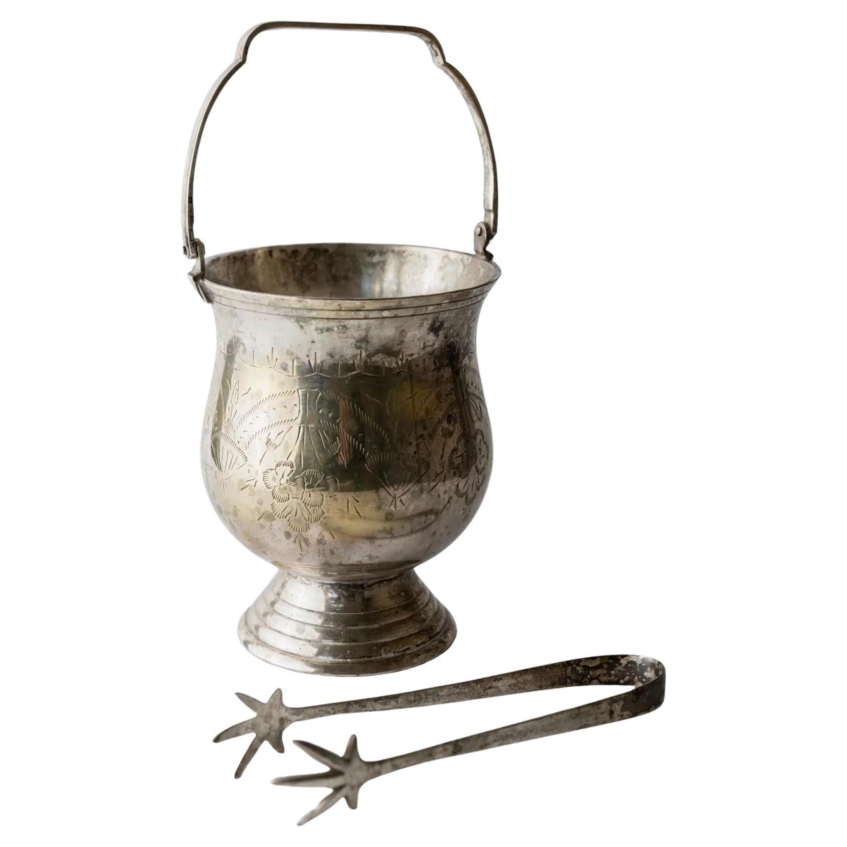 Vintage Silver Plated Brass Ice Bucket with Claw Shaped Tongs, 1930s