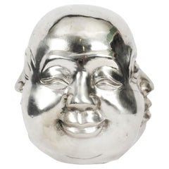 Scultura indù vintage in bronzo placcato argento a quattro facce di Buddha Brahma del 20° secolo