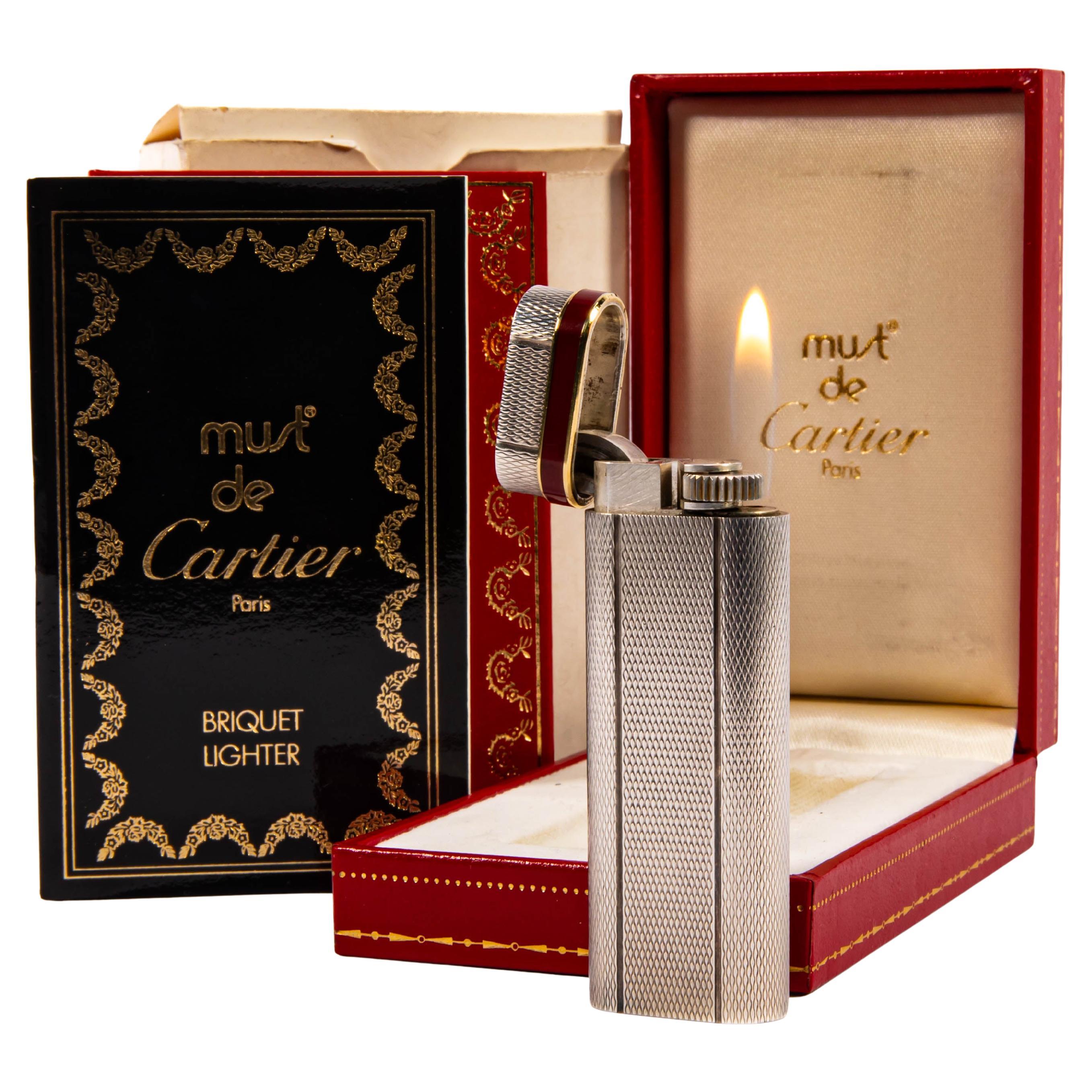 Vintage Silver Plated CARTIER Les Must Lighter in Box 1970s