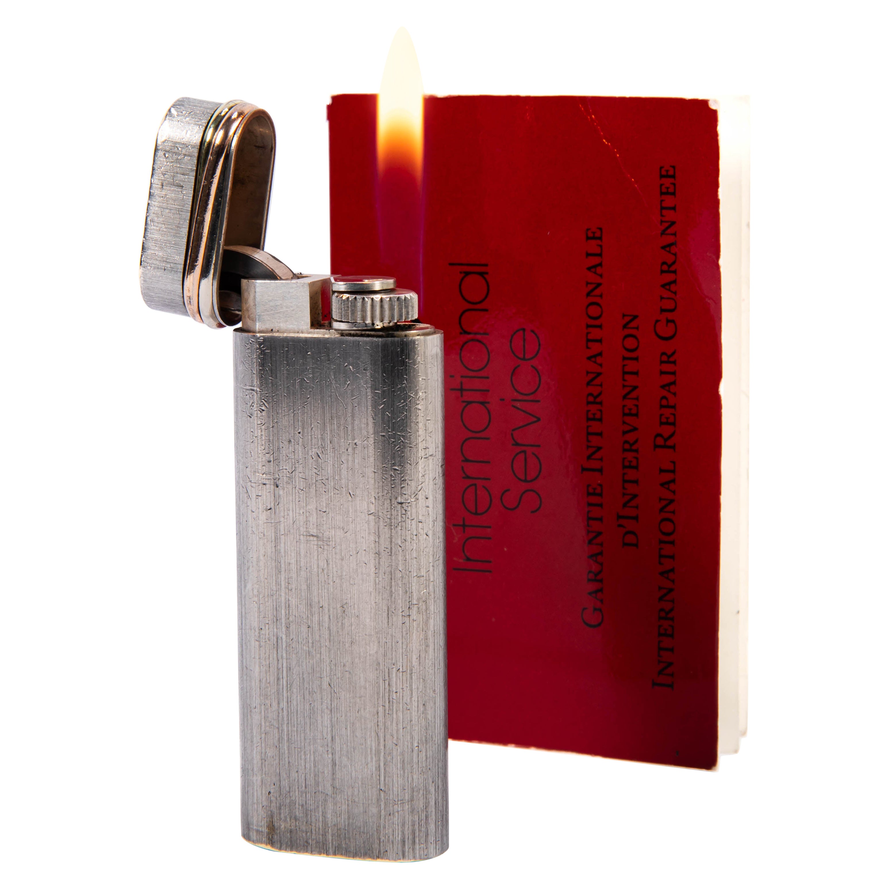 Vintage Silver Plated Cartier Trinity Lighter Brushed with Papers 1992 For Sale