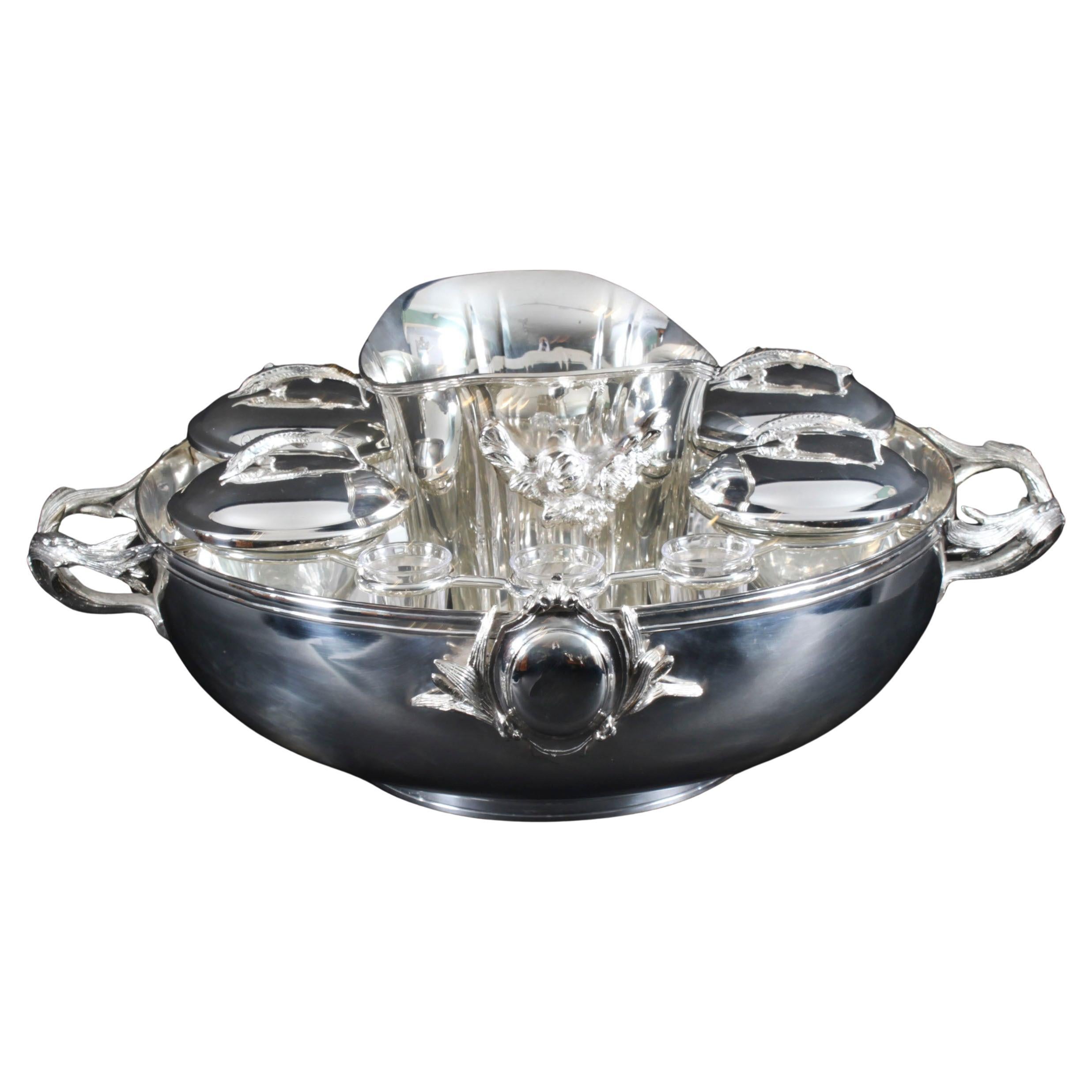 Enfriador vintage de caviar y champán bañado en plata Siglo XX