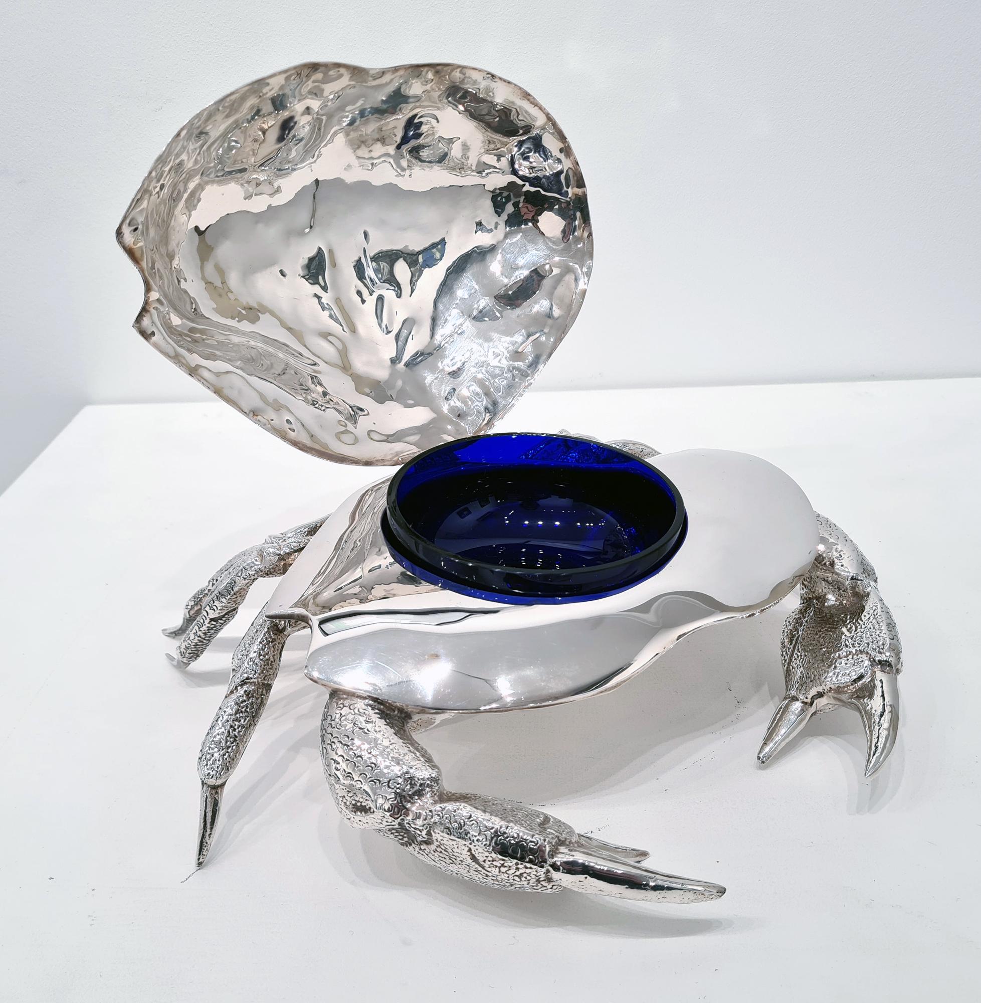 Spanish Vintage Silver Plated Caviar Dish in the Shape of a Crab, c. 1970  For Sale