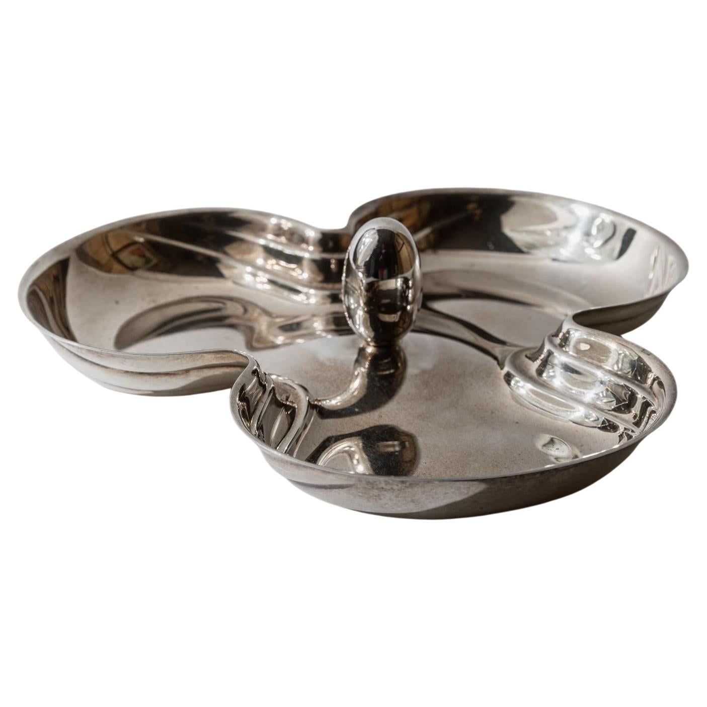 Vintage Silver Plated Centerpiece with Three Bowls and Egg Shaped Handle, 1940s
