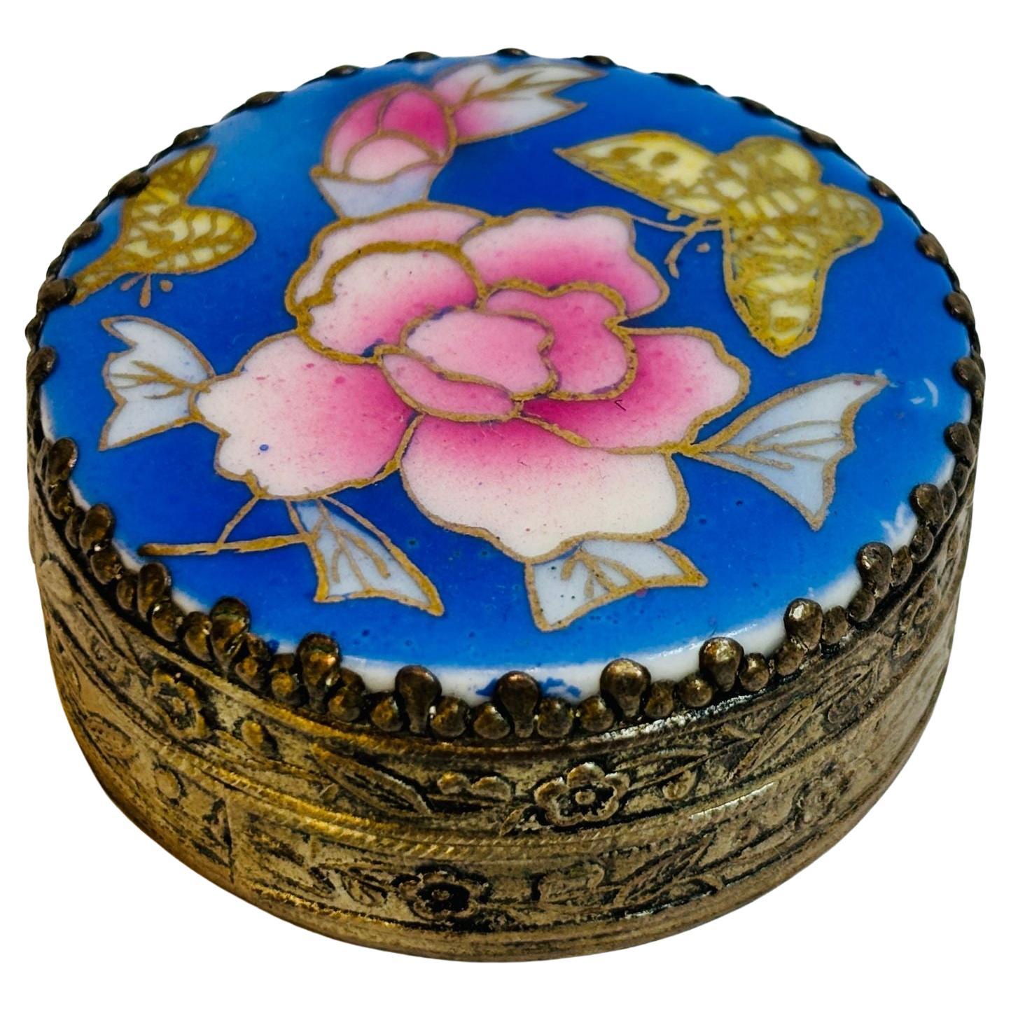 Vintage Silver Plated Cloisonné Trinket Box Mirror Lid with Floral and Butterfly