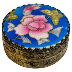 Vintage Silver Plated Cloisonné Trinket Box Mirror Lid with Floral and Butterfly