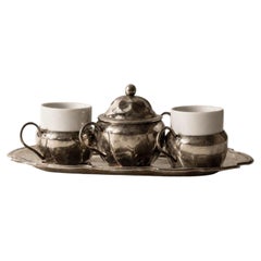 Vintage Silver Plated Coffee Set, Two Espresso Cups with Ceramic Inlays, 1960s